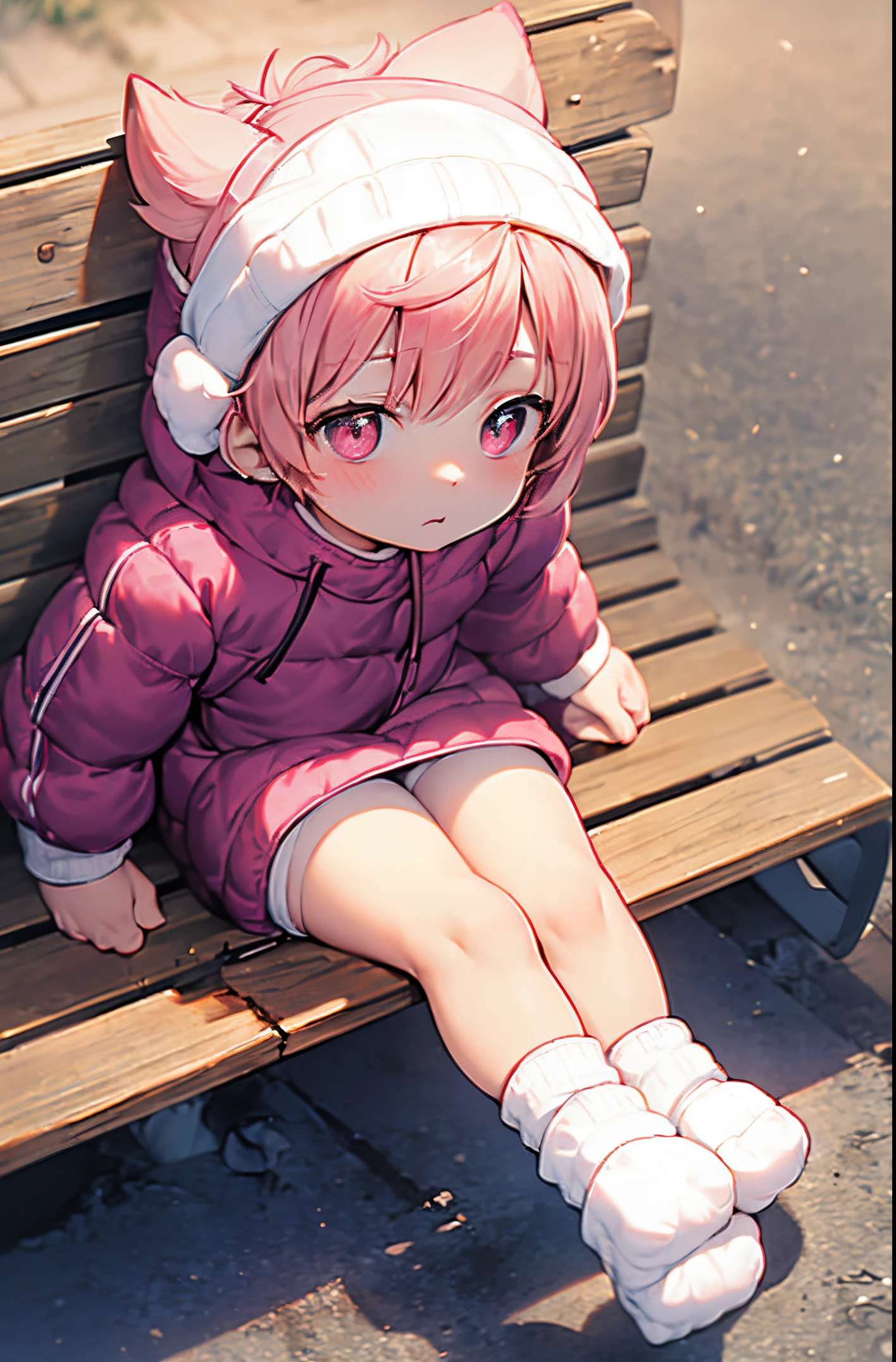 pink hair and shining golden eyes、Chubby boy sitting on a bench wearing boxer briefs with a down jacket, 年轻, Cute Boy, child, Small,Beautiful butt ,Crotch opening, Soft light, (sox:1.4), (:1.4), (Shota:1.4), (Cute:1.4), (Small:1.6), (White socks:1.8), (Down jacket:1.6)