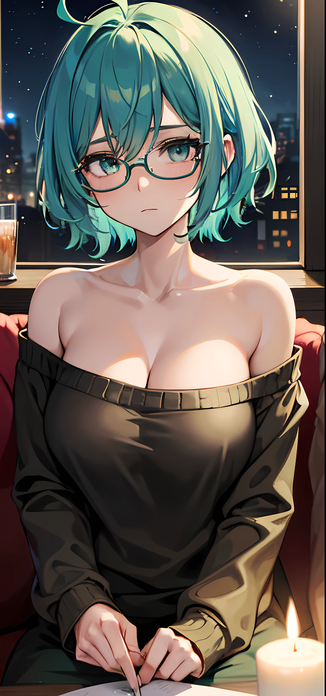 candlelight, volumetric lighting, night, 1girl, solo, 53 years old, milf, teal and green hair, messy hair, asymmetrical hair, ahoge, very short hair, aqua eyes, medium breasts, pale skin, glasses, couch, sitting, off-shoulder sweater, hot chocolate, winter, mood lighting