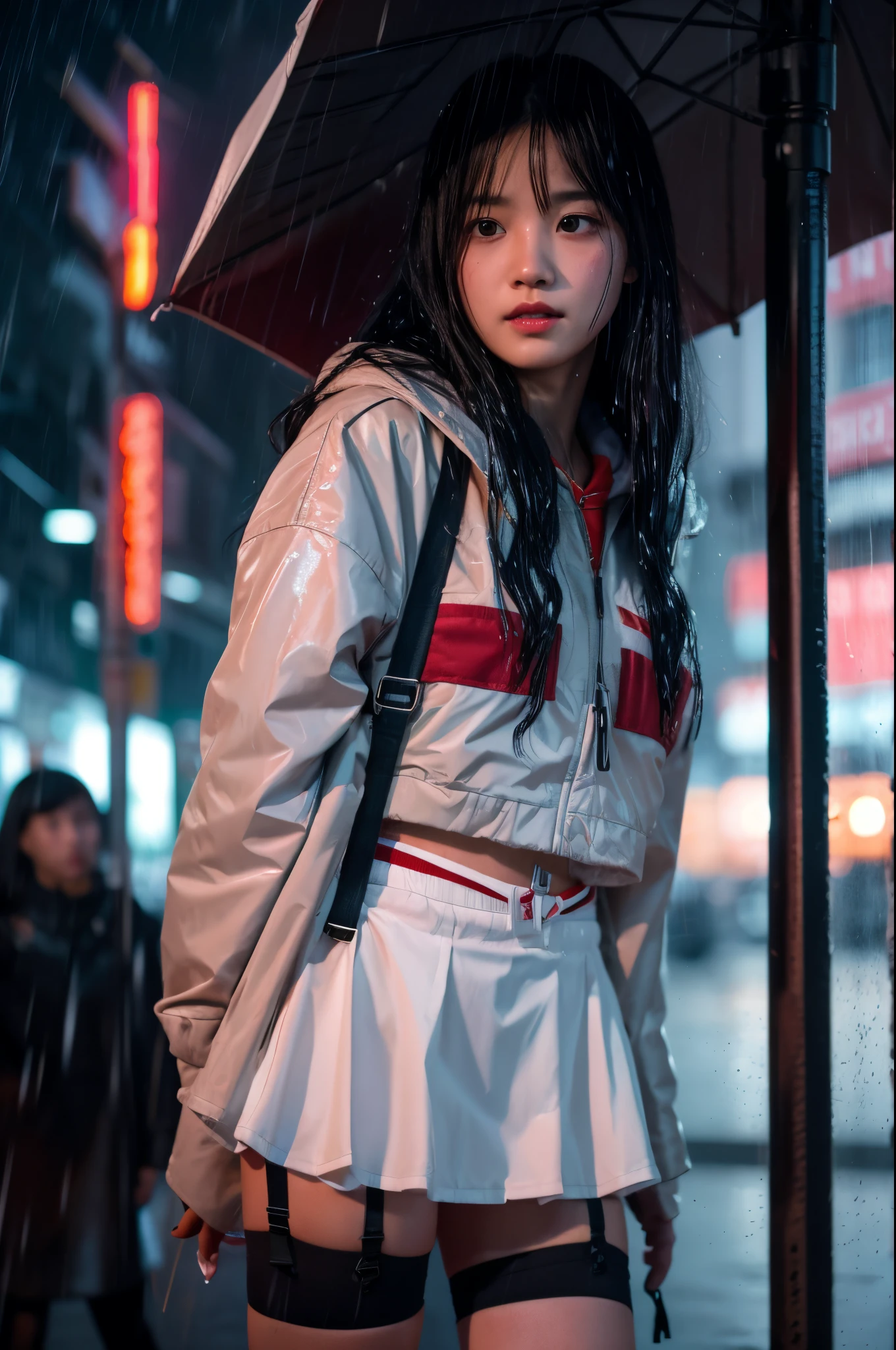 8K，tmasterpiece，Best quality，hyper-detailing，realistically，realistically，Extremely detailed face，电影灯光，电影灯光，ray traycing，unlit hair， On cloudy streets，Corner store，Bus stop，Buoggy and heavy rain，Girl with long black hair and black eyes.。She is wearing a red hooded jacket，White color blouse，Short black skirt and black garter belt，Clothes soaked by rain，Black exposure，depth of fieldtent ），Cinema lens lighting
