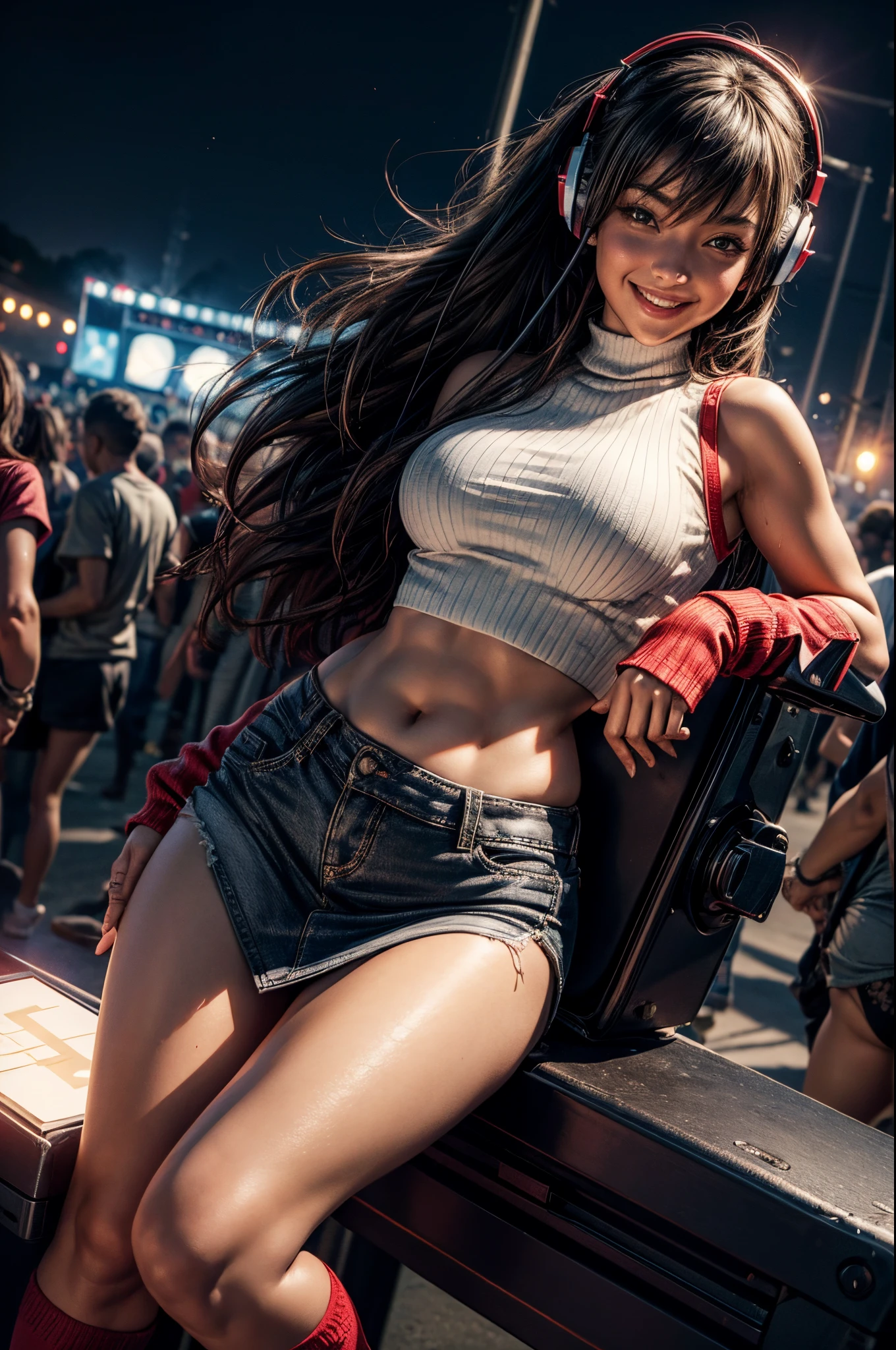 best quality, 8k, ultra-detailed, realistic, sexy teen, slim, wide waist, curvy and accentuated buttocks, smiling, headphones, red socks, at a music festival, at night, wet, mini skirt, sneakers, long socks