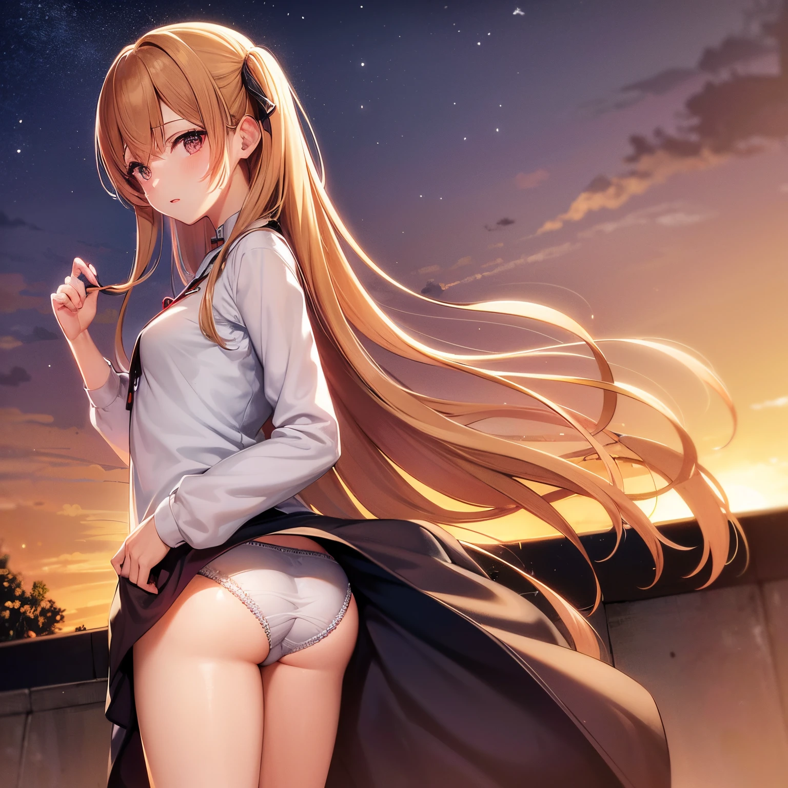Asuna yuuki, alta qualidade, garota, Roupas grandes, Underwear with a small area, comfy clothes, Noite, Sunset, em Paris, sombrio e sombrio, Distrair e mexer com algo,Empurre o bumbum para cima, calcinha fio dental