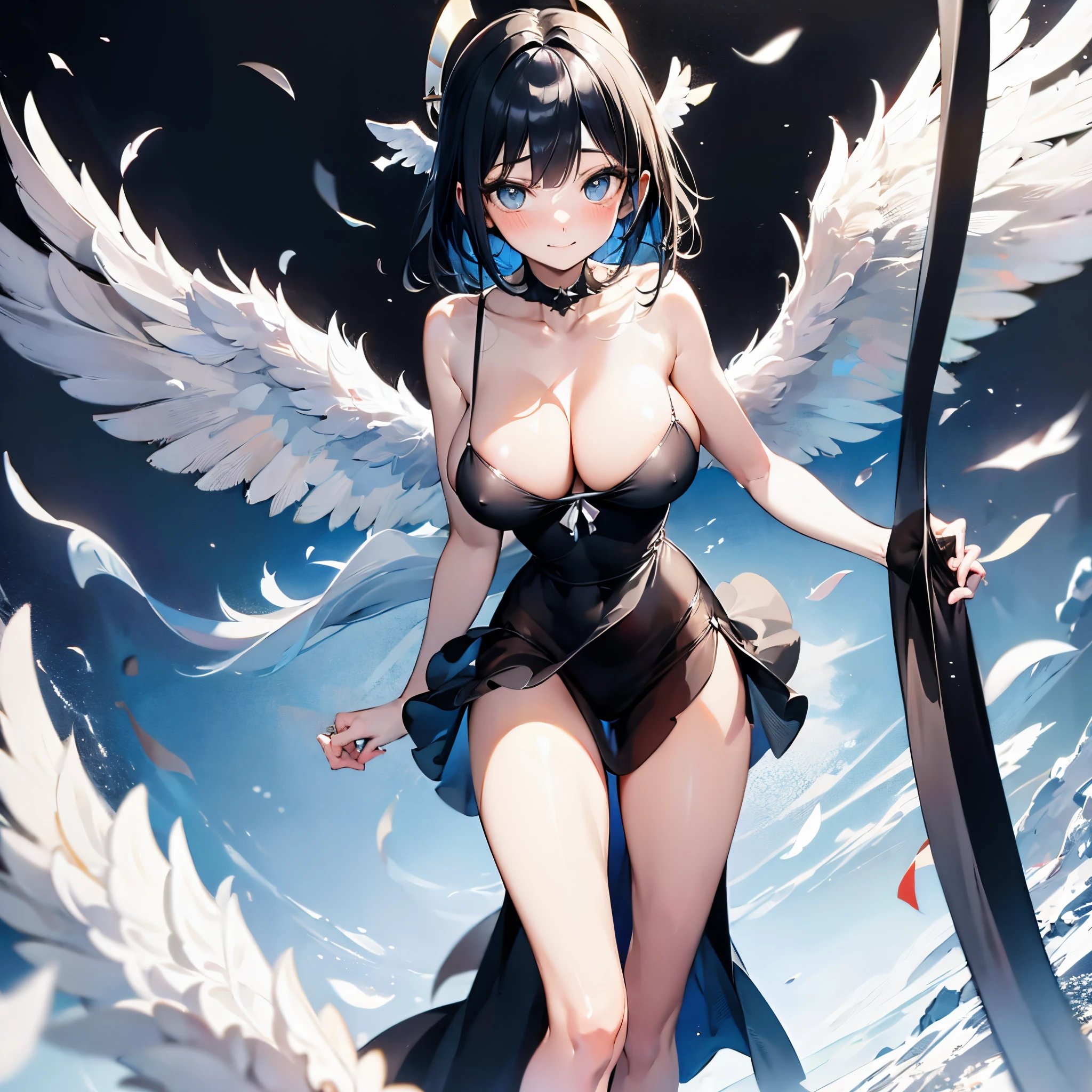 solo seraphim girl standing on peak of snowy mountain, strongly blowing frozen wind, BREAK, (she had black short hair.:1.3), (she is wearing only flapping black sheer short dress.:2.5), (her dress is sleeveless plunging neckline:1.2), (her dress is black short one-piece skirt.:1.5), (her dress has shoulder strap.:1.5), BREAK, collarbone, bared slim arms, bared (thin long legs:1.2), bared neck, BREAK, (large perky breast:1.3), cleavage, BREAK, thin waist, BREAK, smile for viewer, (nose blush:1.2), BREAK, (multiple white wings on back:1.5), (multiple black wings on back:1.5), (12 large wings on back:1.2), BREAK, (orgasm:1.2), breast milk, nsfw, heavy breathing