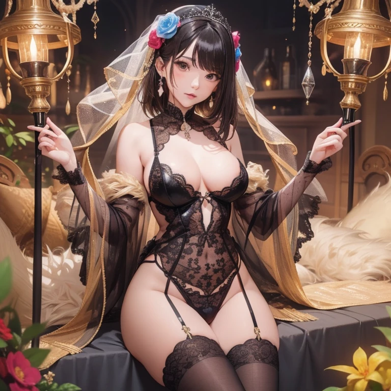 best quality,4k,highres,ultra-detailed,photorealistic:1.37,HDR,UHD,stunningly beautiful, enchanting, captivating,exquisite,meticulous attention to detail;oil painting,ink and wash painting,fine art photography;lush and vibrant colors,rich and diverse color palette,subtle and elegant color tones;soft and warm lighting,subtle and gentle lighting,romantic and dreamy lighting;girl with long silky hair, sparkling eyes that are full of mystery, bewitching lips,expressive facial expressions,charming and provocative appearance,elegantly styled dress that flows gracefully, glamorous demeanor,flawless and radiant skin,graceful and confident posture,background filled with intricate and ornate decorations,magical symbols,accessories adorned with fiery gemstones,potions and scrolls adorned with cute and adorable accents,bows and ribbons,flowers blooming throughout the scene