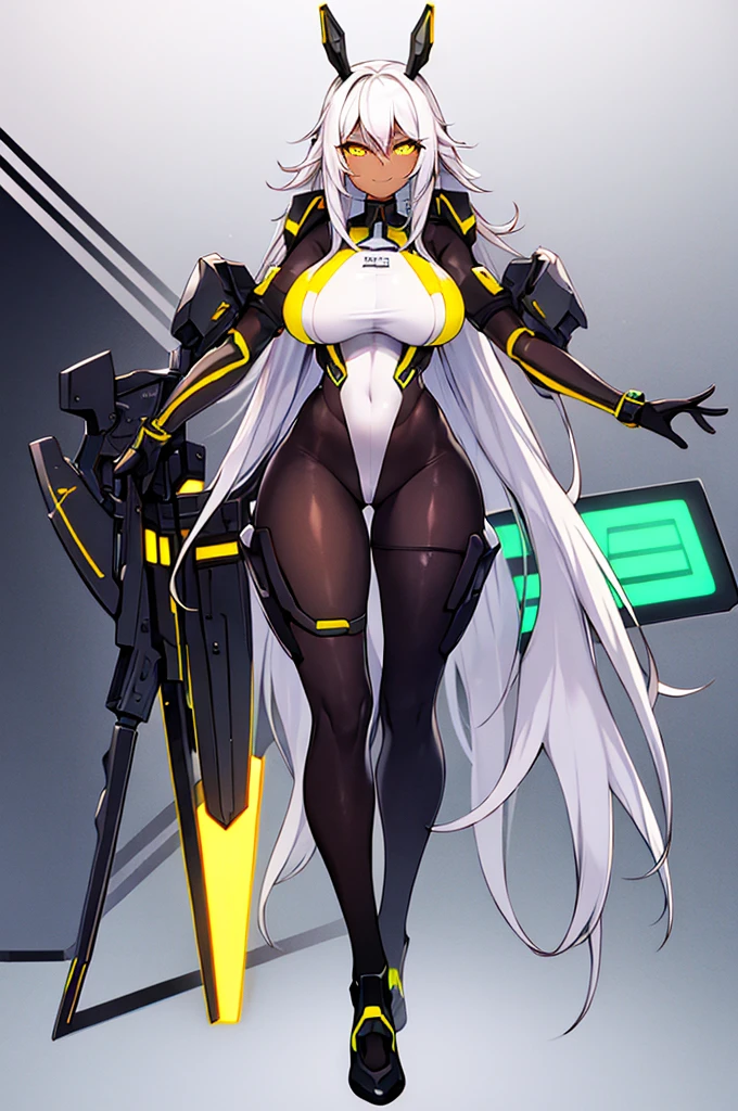 1girl, dark-skinned female, breasts, large breasts, wide hips, white hair, long hair, yellow eyes, smile, smirk, smug, sleeves, short sleeves, bodysuit, pantyhose, futuristic, science-fiction, neon trim, neon, full body, ((full body)), standing
