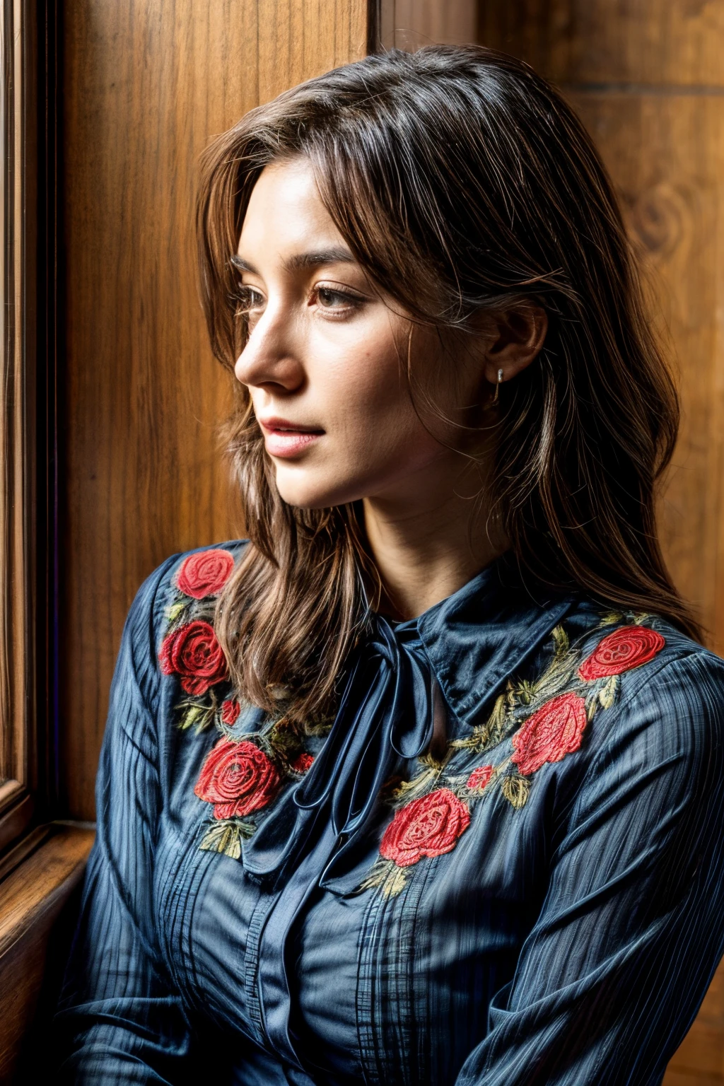 Close-up of a blouse with rose embroidery
