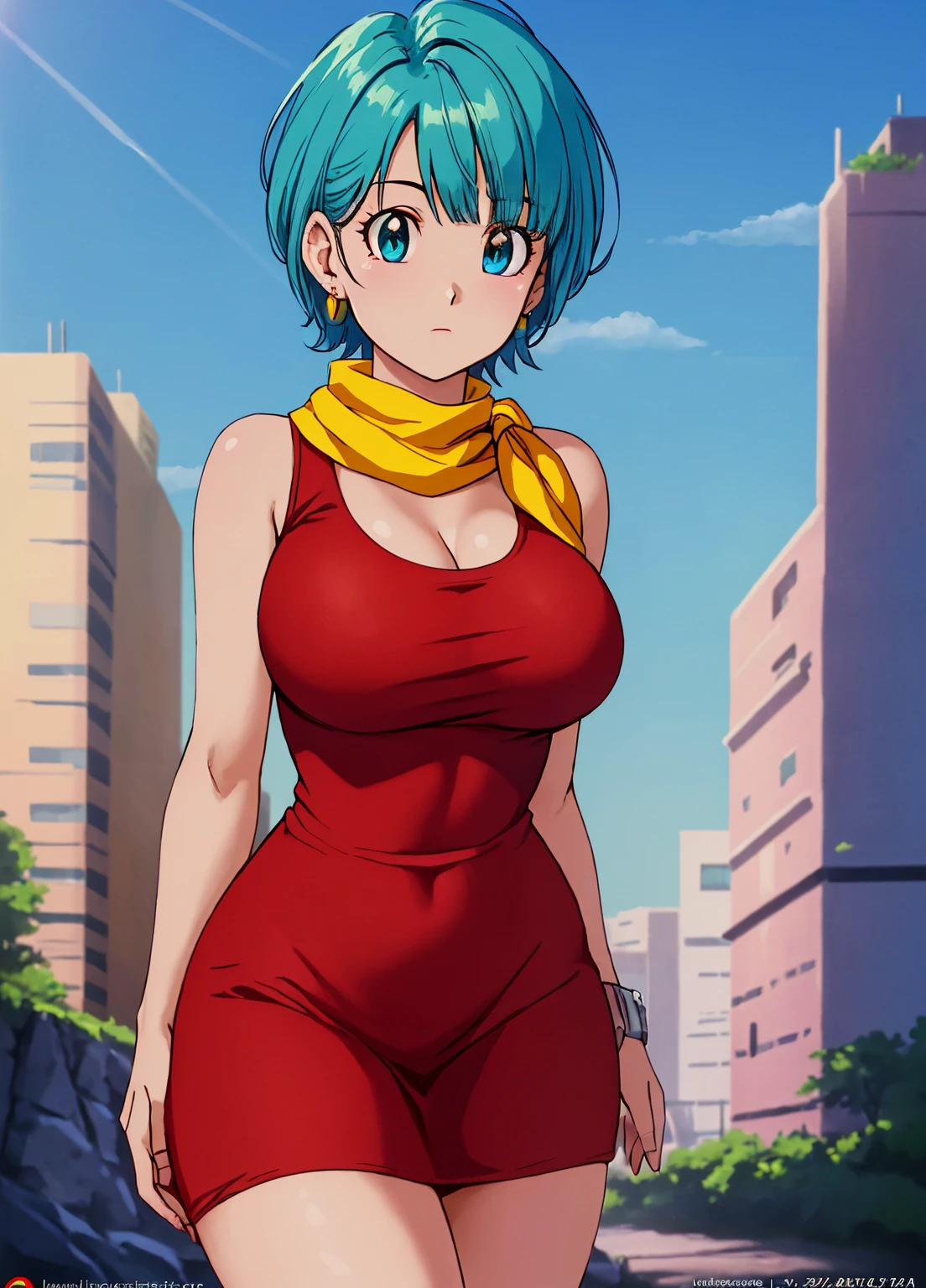 masutepiece, Best Quality, Highest Quality, (Perfect Lighting), (Photorealistic), Perfect Anatomy, Perfect face, Perfect eyes, 
 bulmadbzreddress, Aquamarine hair, Short hair, Blue eyes, earrings, Red dress, yellow scarf, Blue sky, Clouds, View the city from the top of the cliff, (Beautiful Girl Mom: 1.5), Very tight red dress, Open legs, ((Huge breasts, cleavage))), ((thick thighs, an hourglass figure)), (toppless), 1.5) ((dark red ripple eyes)), ((Aquamarine hair)) Photorealistic, Photo, masutepiece, Realistic, Realism,  Photorealism, Photorealism, High contrast, Artstation 8k HD HD Photorealistic Digital Art Trends Realistic Details, Detailed, Skin Texture, Hyper Detailed, Realistic skin texture, Best Quality, Ultra High Resolution (Photorealistic: 1.4), High resolution, Detailed, Raw photo, Sharp Re, by Lee Jeffries Nikon D850 Film Stock Photography 4 Kodak Portra 400 Camera F1.6 lenses Rich colors Realistic textures Ultra-realistic dramatic lighting Unreal Engine Trends in Art Station Cinestill 800,