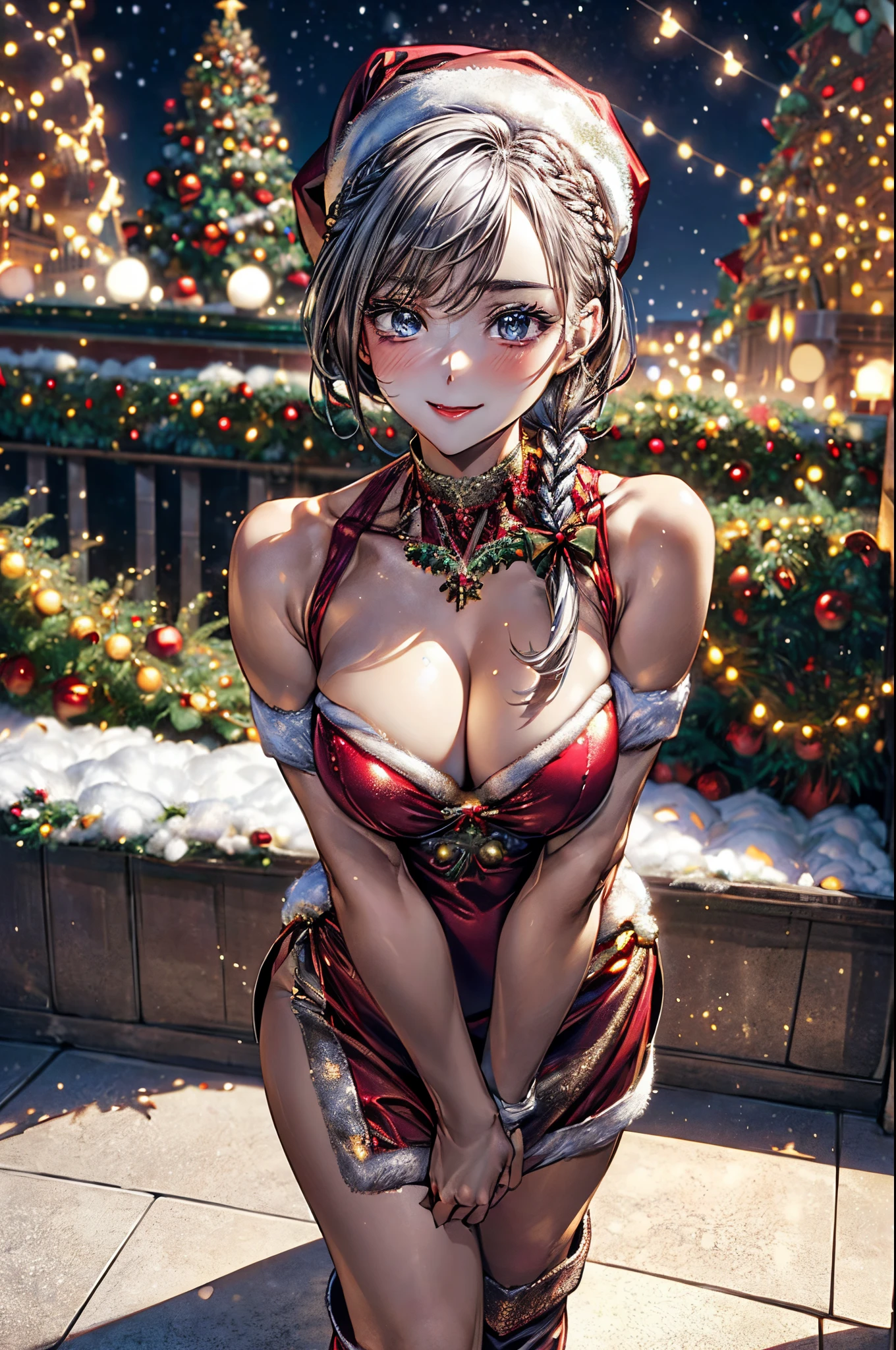 (masterpiece:1.2, top-quality), (realistic, photorealistic:1.4), beautiful illustration, NSFW, looking at viewer, cowboy shot, front view:0.8,
1 girl, japanese, high school girl, beautiful hair, beautiful face, beautiful detailed eyes, (short hair:1.5, twin braid:1.5), silver hair, blue eyes,
beautiful clavicle, beautiful body, beautiful chest, large breasts:0.8, beautiful thighs, beautiful legs, beautiful fingers, bare thighs, (thick thighs, large valleys),
(beautiful scenery), christmas night, outdoors, (christmas tree:1.3),
((wearing santa claus costume, symmetrical clothing, metallic red santa claus hat, metallic red santa claus dress, metallic red santa claus boots, bare shoulders), christmas necklace),
(swollen), ((seductive posture:1.2, attractiveness:1.2)),
(erotic, sexy, upper eyes, laugh), shiny skin,
celebration, exquisite details, exciting surprises, shiny ornaments, sparkling tinsel,
anticipation, festive mood, magical ambiance, delightful moment, wonderful memories, christmas magic, extravagant, abundance of presents,
perfect face, cute and symmetrical face, natural side lighting, movie lighting), depth of fields,