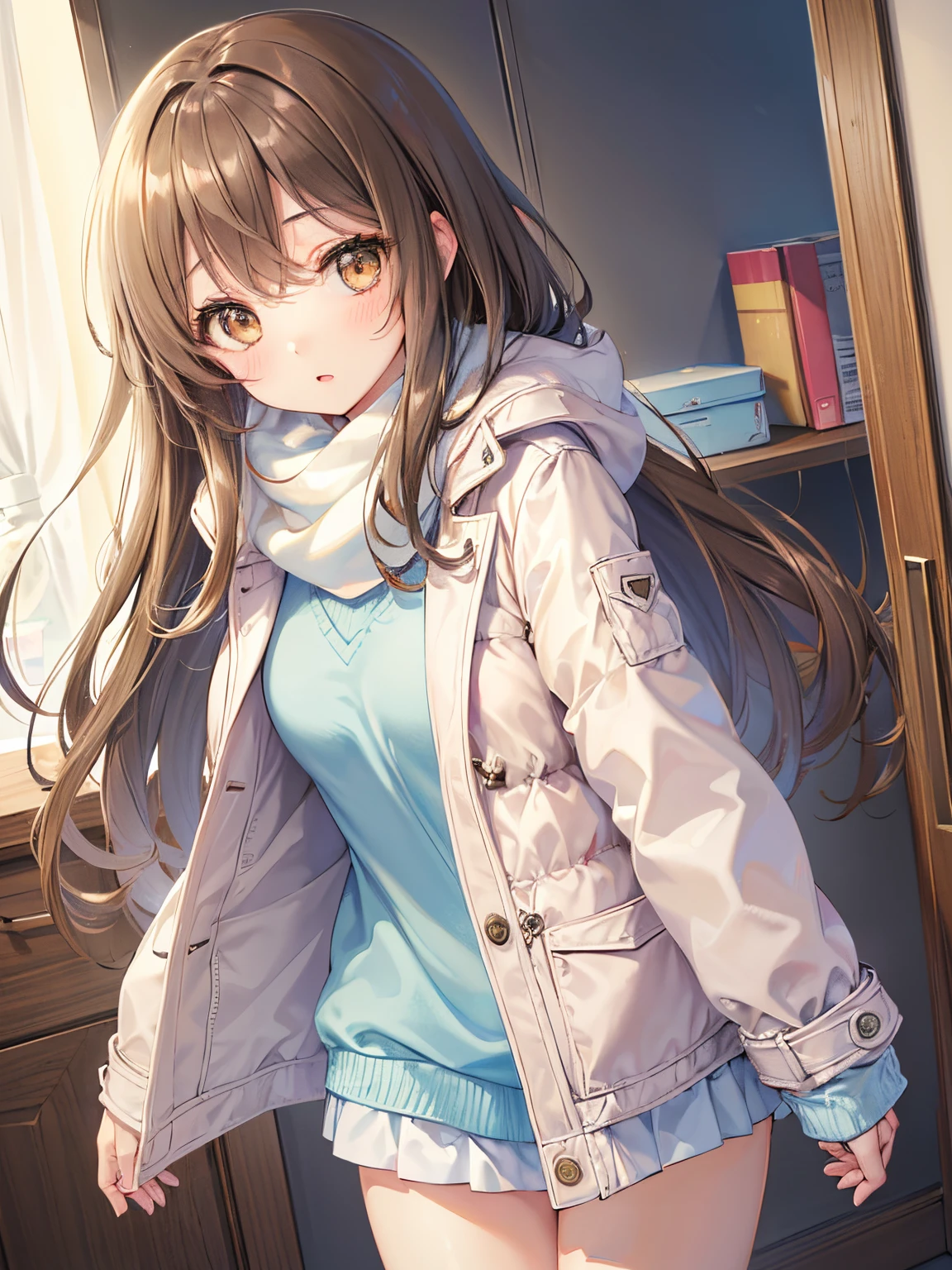 (Top Quality, 4K, High Resolution, Masterpiece), ((Perfect ???????)), Cute Girl, Chibi, (Light Brown Hair, Long Hair, Brown Eyes), ((👄)), :o, BREAK, Pastel Colors Stylish winter clothes, a warm and stylish down jacket in pastel colors, ((and a girl who feels relieved when she takes out a white winter down jacket from the closet.))