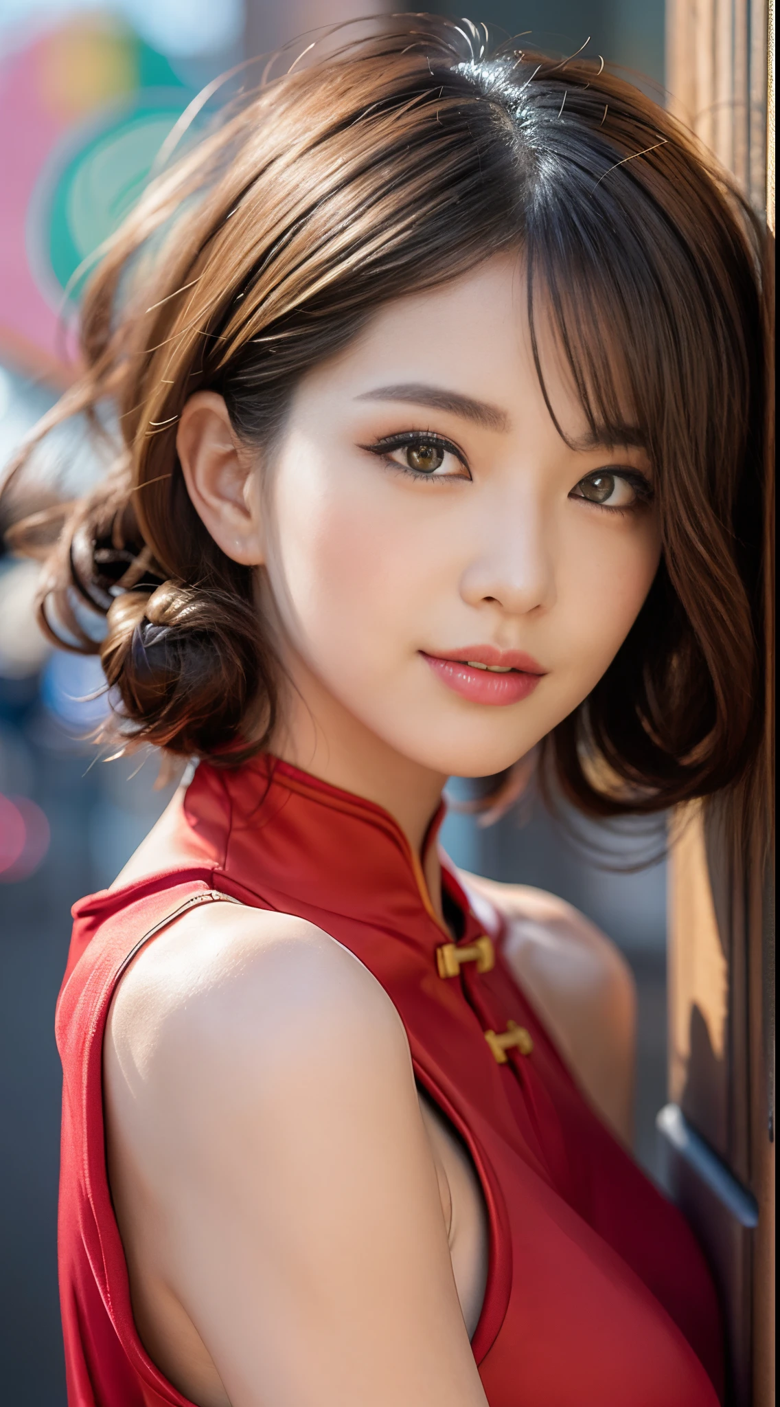 (top-quality、8K、masterpiece、nffsw:1.2)、Three 19-year-old slender beauties lined up,Flashy makeup with red eyeshadow,二重まぶた,delicate mid-cut ponytail,sexy cheongsam and silk miniskirt,The best smile,She is wearing a sexy short colorful cheongsam。。。。。。,Chinese dress with deep slit,draw hands correctly,The background is the bright interior of a Chinese restaurant.......,