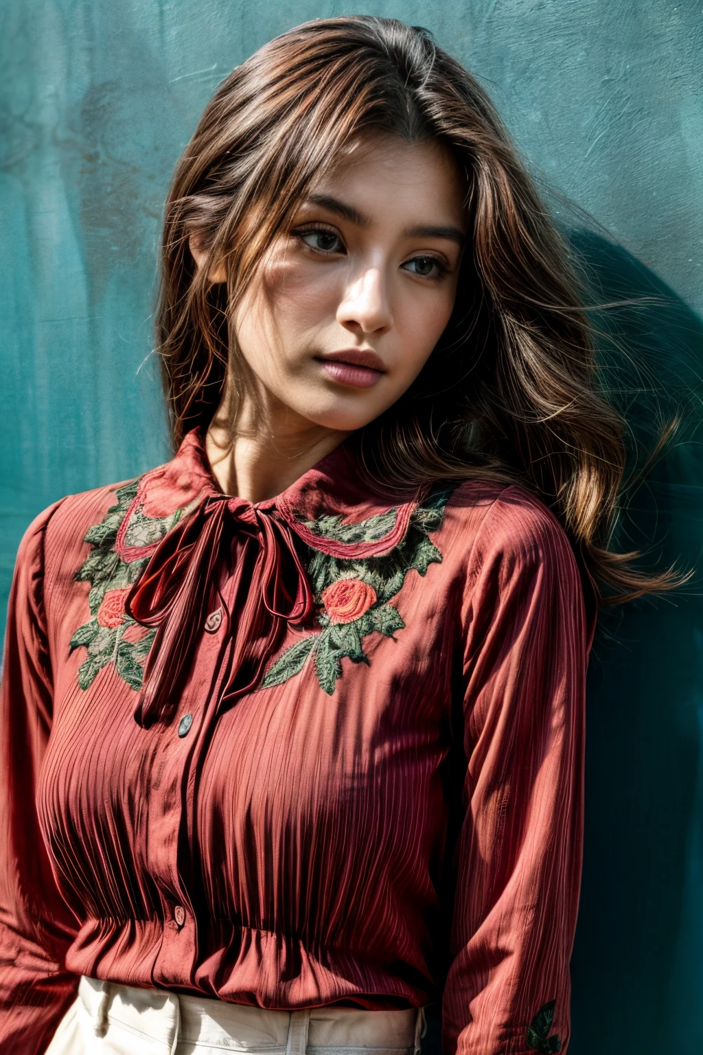 Close-up of a blouse with rose embroidery