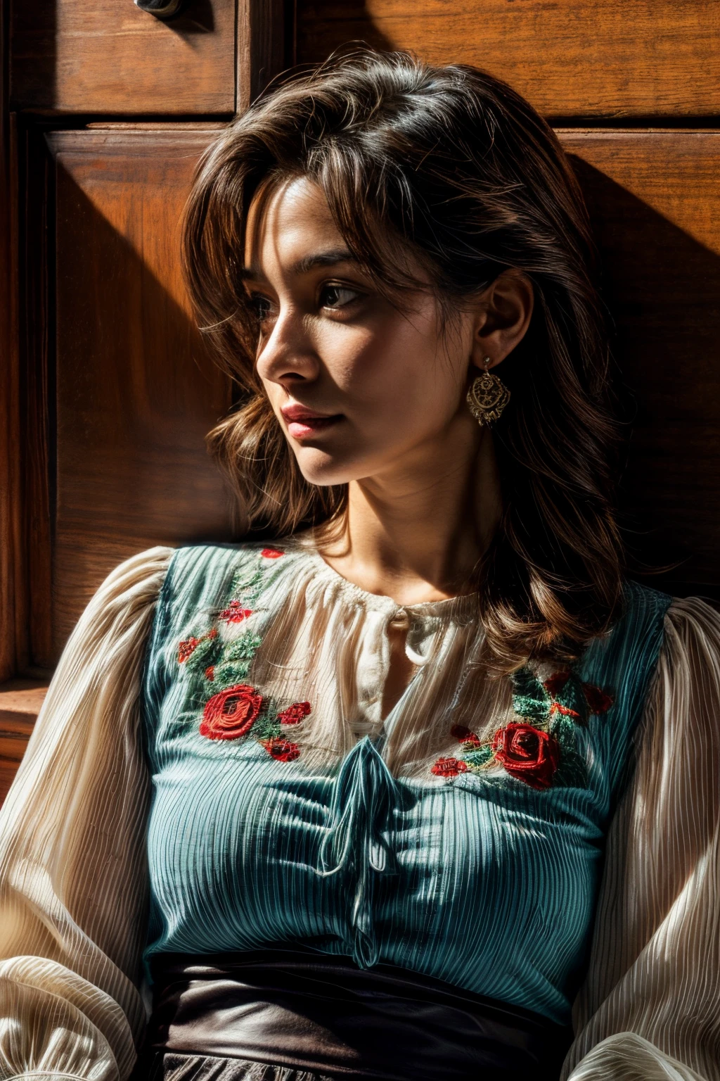 Close-up of a blouse with rose embroidery