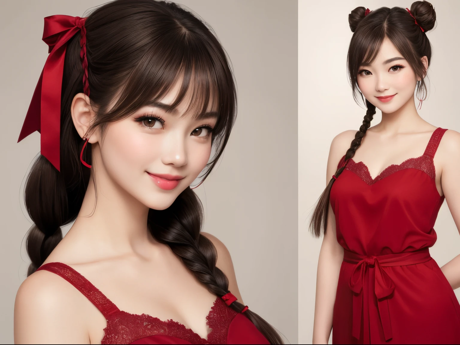 ultra-detailliert、超A high resolution、1人、see the beholder、beautifull detailed face、Straight face、Constriction、(Slim waist) :1.3)、Beautiful detailed skin、Skin Texture、Floating hair、Professional Lighting、Whole human body、a blond、Red dress、red ribbon hair、Happy smile、Thick makeup、Bun hairstyle、Thick lip、Braids、