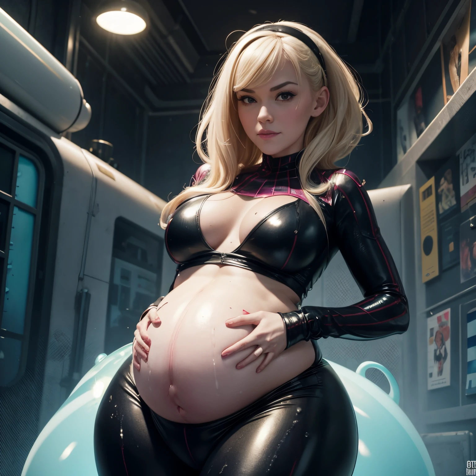 Gwen's belly is massive, full-sized and pregnant with slime eggs pumped inside her