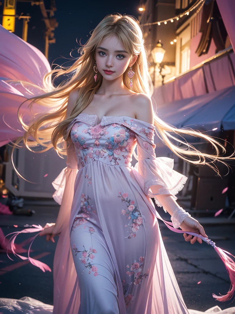 tmasterpiece,Highest image quality,super detailing,Best quality ,Extremely Delicately Beautiful, Very meticulous,Best quality, offcial art, extremely detaild的 CG unified 8k wallpapers, Ana de Armas portrait photo, blond hair blue eyes,Radiant skin and radiant eyes:1.1), pretty skin, lamplight, (Detailed lighting:1.2), (Beautiful and detailed light:1.3), face to the viewer,Sexy evening dress, deep understanding, The beautiful, iintricate, digitial painting, smooth private parts, Focus sharp, The end of the world, Epic reality, (HighDynamicRange:1.4), (pastel colour:1.4), Bigchest,apocalyptic, giving up, com cores neutras, natta, Screen space refraction, (Complicated details, ultra - detailed:1.3), art stations, Cinema lenses, vignet, the complex background, buliding,Enchanted smile,detailed back ground,Dream catcher earrings in various colors,white colors,in pink,purpleish color,red colour,blue colors,orange colors,green color,cyan colors,),No shoulder strap,blossom print,translucent lace evening gown,sexy and sultry,