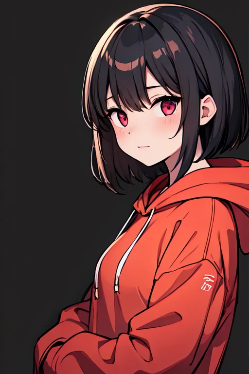 Gothic Girl, 、highlighted by a dark atmosphere. he is wearing a hoodie that hides part of his face.,Futomo. short dark hair, red eyes，short-cut，A dark-haired，inner colored，Erotic，bob cuts，Bare legged，Impressive eyes，best faces，long length hoodie，Black hoodie