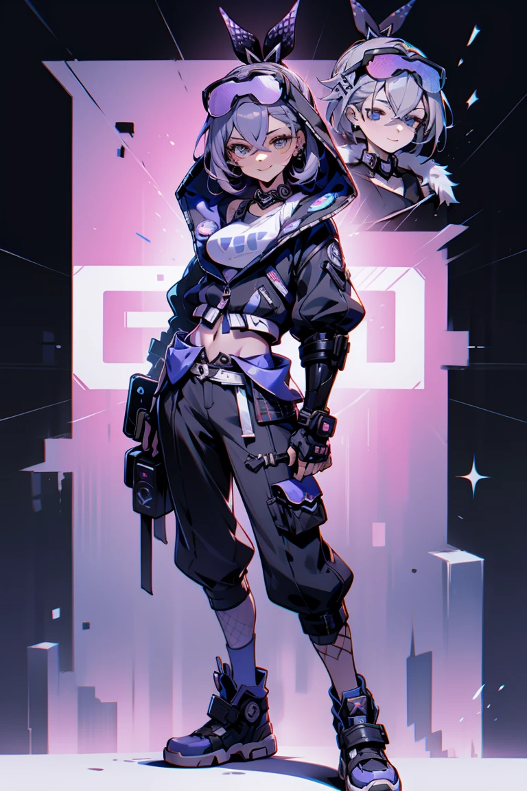 doom \(league of legend\), 1girl big breasts,pixar-style, Smilingly,Alone, woven, Double up braid, (blue long hair), Surprised eyes,tattoo is, (opens his eyes wide:0.9),See the audience, arm tattoos, medium, lookingat_Shown in_peeking at the viewer, short_the hair, mitts, navel, fail, blue_There are eyes, everlasting, full_body, arma, footwear, collars, Black_mitts, septum, hooded, the hair_exceed_Yoon_There are eyes, _top, hoody, Black_trouser, athletic sneakers, fail_, cropped_jaket, Ed_Shown in_pocket, cyber punk personage, cropped_hoody