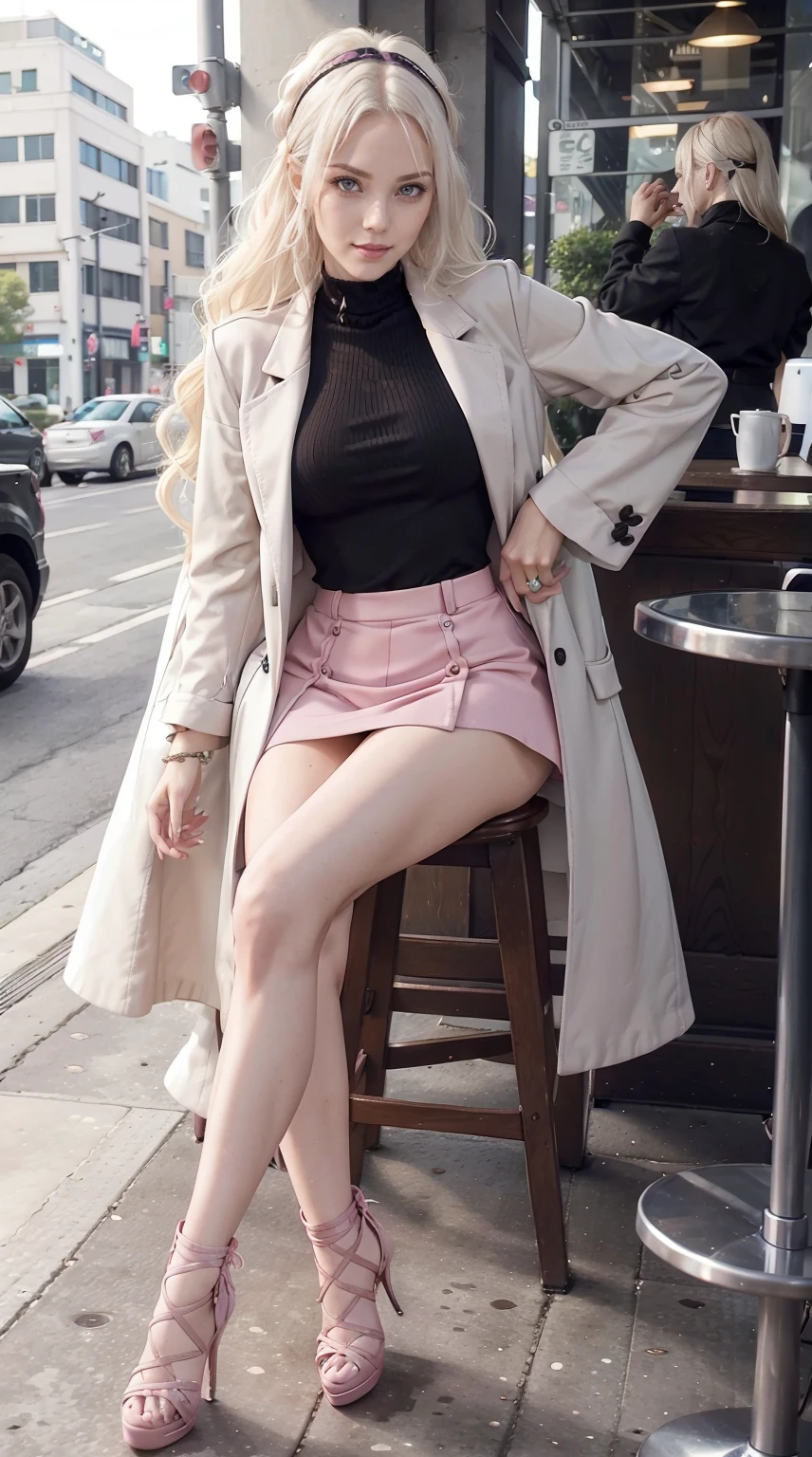 a 25yo woman、Her hair color is platinum blonde mixed with pink.、Eye color is blue、Semi-long、hair is wavy、I&#39;m wearing eyeshadow and lipstick、I&#39;m wearing a headband、accessories on wrist、Slender but well-proportioned muscular body、Wearing a long coat over a high-neck zipper-up top、She is wearing a tight skirt with a deep slit.、I'm wearing high heels、a smile、Sitting on a chair at an open cafe and drinking coffee、a smile