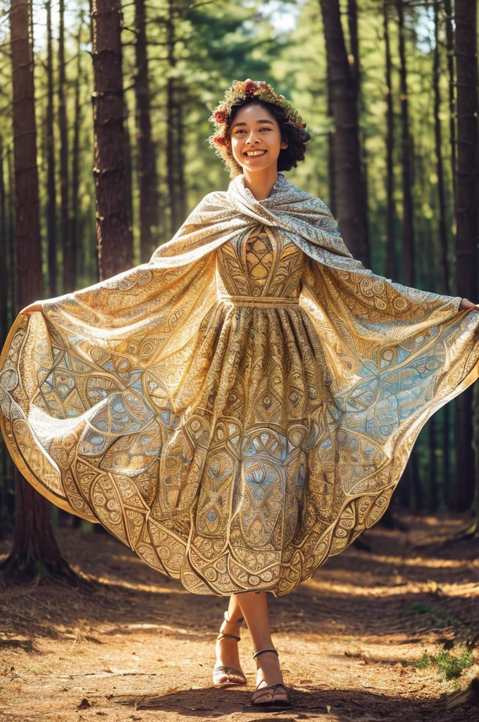 PerfectNwsjMajic, (Zentangle, mandalas, Tangle, Entangle) , ((Costume with decorative pattern and poetry book, long  skirt, Wearing a long shawl)), Holy Light ,gold foil, Gold leaf art, glitter drawing, Perspective, ((Full body details)), Soft light, Raw photo、High resolution, (Official art, Beautiful and aesthetic: 1.2), Close View, Vast world, girl, Running, Refreshing smile, Distant horizon, forest, natural beauty, inspiration, light effect