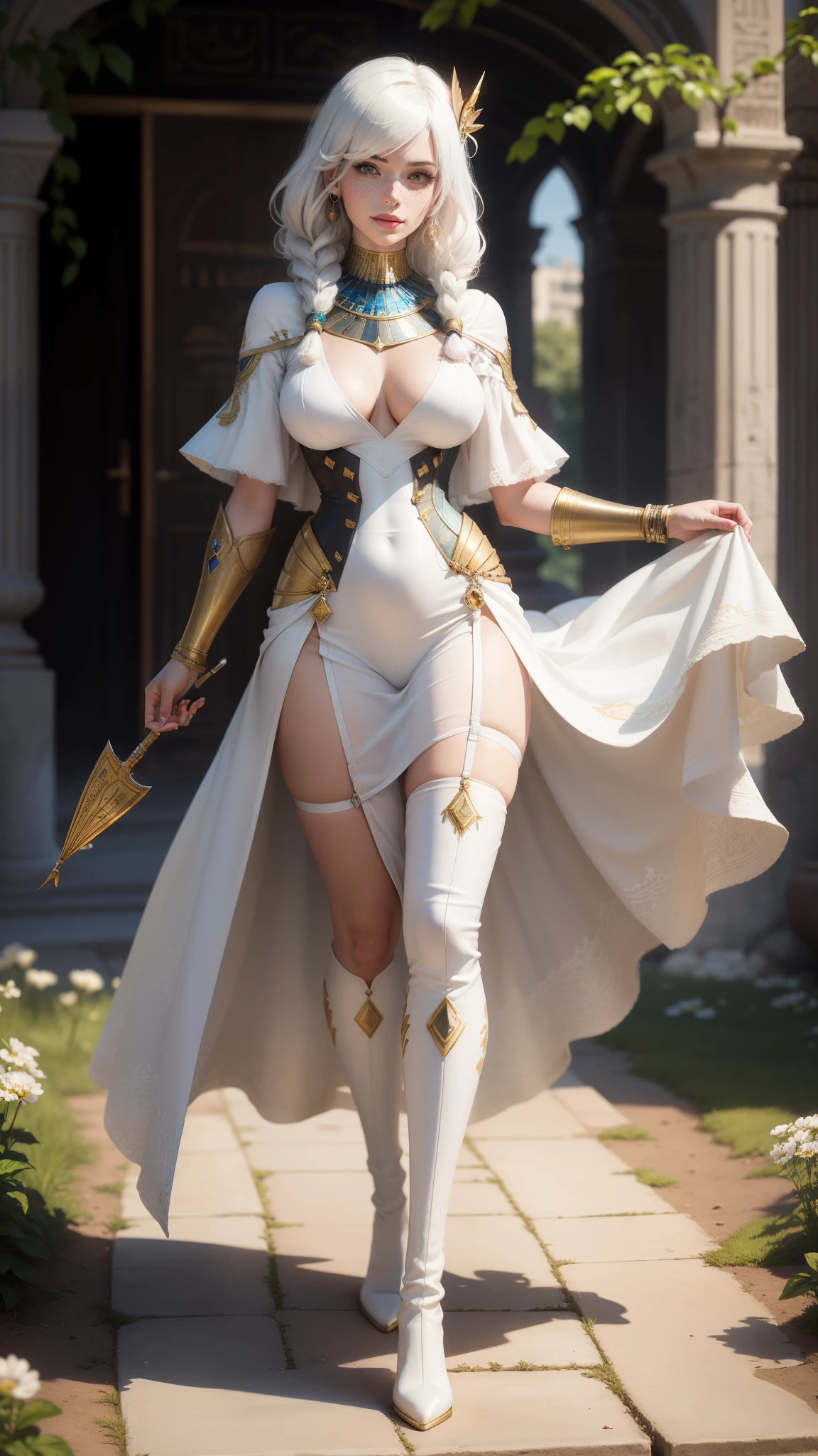 gwen tennyson,yorha 2b,tracer,y'shtola rhul,1girl,overwatch,atelier ryza,close up,meadow view,tattoos,royal yellow and white plugsuit,white short sleeve silk top,full plate egyptian armor,white micro silk skirt,white thong,white embroidery egyptian corset,pharaoh makeup,green eyes,long straight multicolored silver hair,long dress train,sexy smile,garter belt,freckles,beautiful girl,white egyptian thigh high boots,large breasts,8k,ultra detailed,realistic,fantasy art,egyptian pharaoh uniform,egyptian pharaoh dress,ear piercings,egyptian hand and neck jewelry,(weather:windy),long white egyptian coat,ancient Egypt,egyptian hair pin,flower petals flying,egyptian pyramid,egyptian pond garden,hand fan,