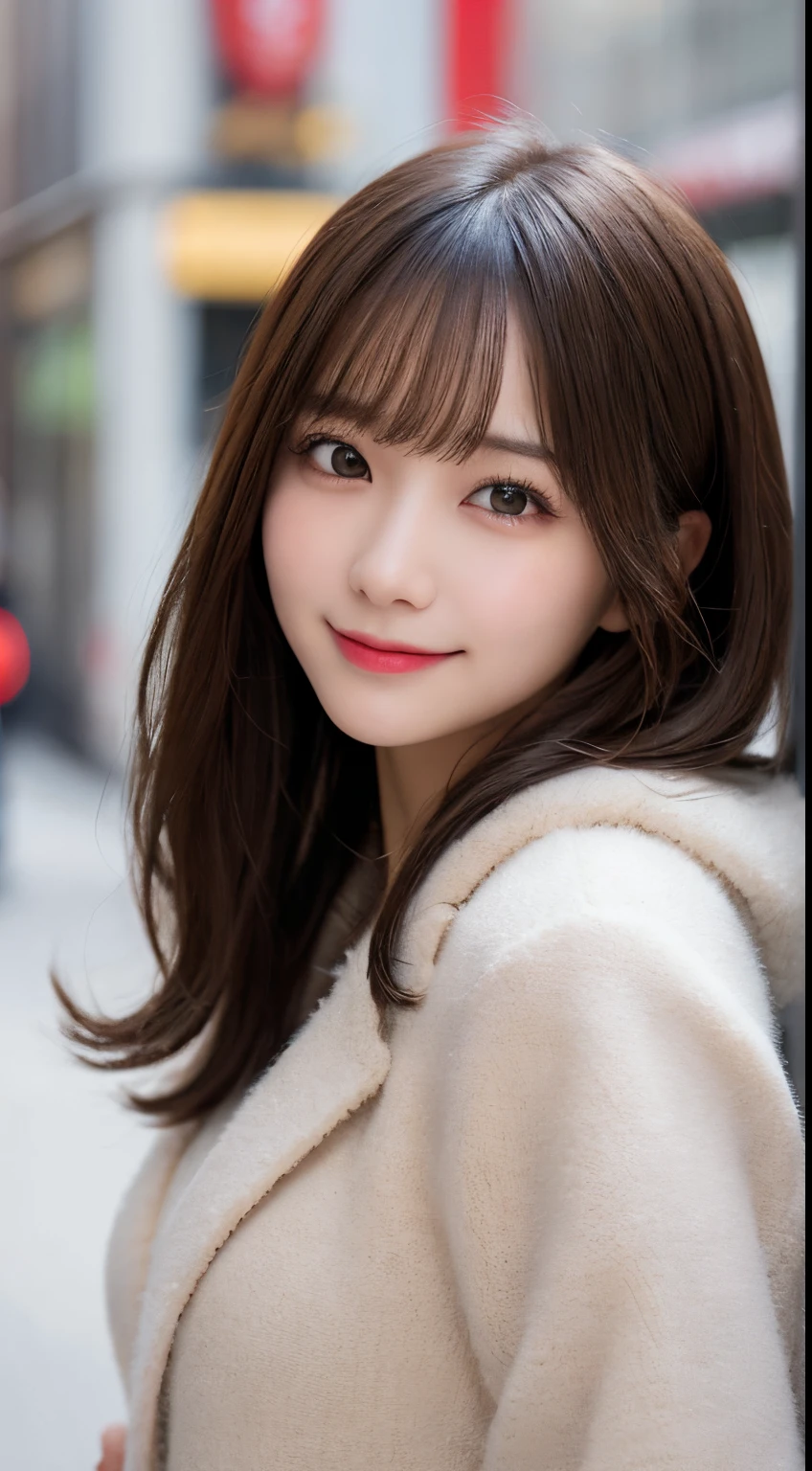 masutepiece, Best Quality, Illustration, Ultra-detailed, finely detail, hight resolution, 8K Wallpaper, Perfect dynamic composition, Beautiful detailed eyes, fluffy winter clothes,Medium Hair,Small breasts natural color lip, Bold sexy poses,Smile,Harajuku、20 years girl、Cute、Sexy shot looking at camera,Blur the background,Perfect and beautiful face,Take only the face,beautiful and detailed face,slim face and style