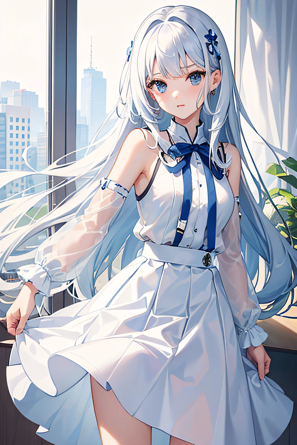 girl。Perfect facial features,perfect body figure,a white long skirt,Long gray hair