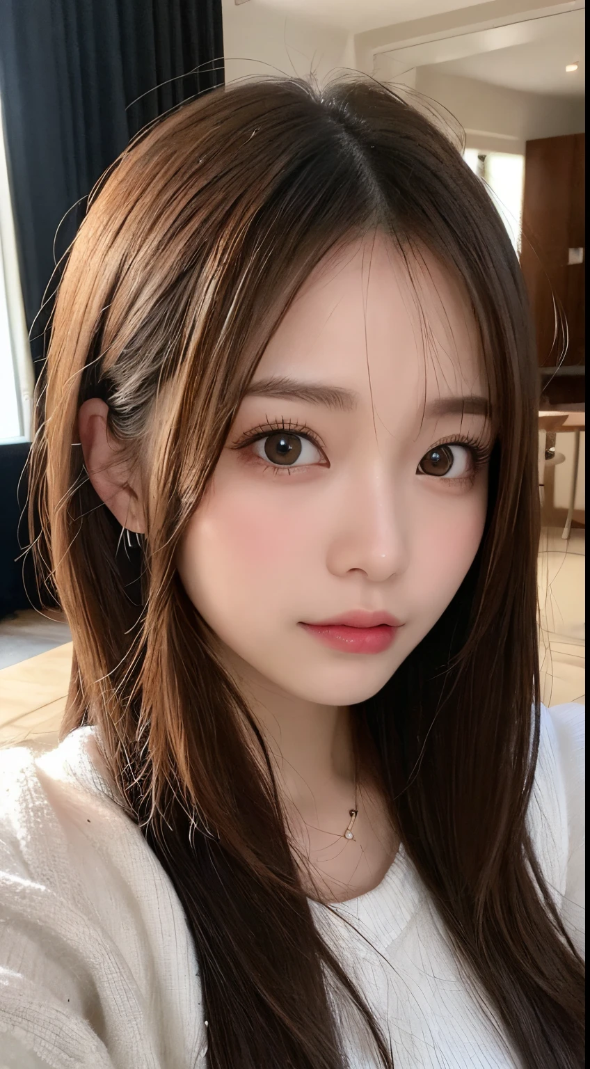 masutepiece, Best Quality, Illustration, Ultra-detailed, finely detail, hight resolution, 8K Wallpaper, Perfect dynamic composition, Beautiful detailed eyes, Fluffy and warm winter clothes,Cute hairstyles,small tits,Natural Color Lip, Bold sexy poses,Sad look,luxury home living room、20 years girl、Cute、Sexy shot looking at camera,Blur the background,Perfect and beautiful face,Take only the face,beautiful and detailed face,Raw photo,slim face and style