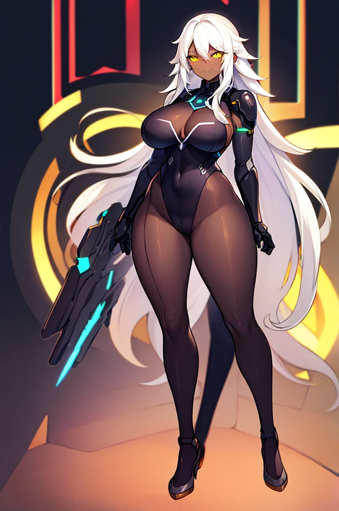 1girl, dark-skinned female, dark skin, white hair, long hair, large breasts, breasts, wide hips, yellow eyes, smile, smirk, smug, bodysuit, black bodysuit, white trim, sleeveless, black pantyhose, pantyhose, white neon trim, neon trim, futuristic, tech, science-fiction, machinery, full body, ((full body)),