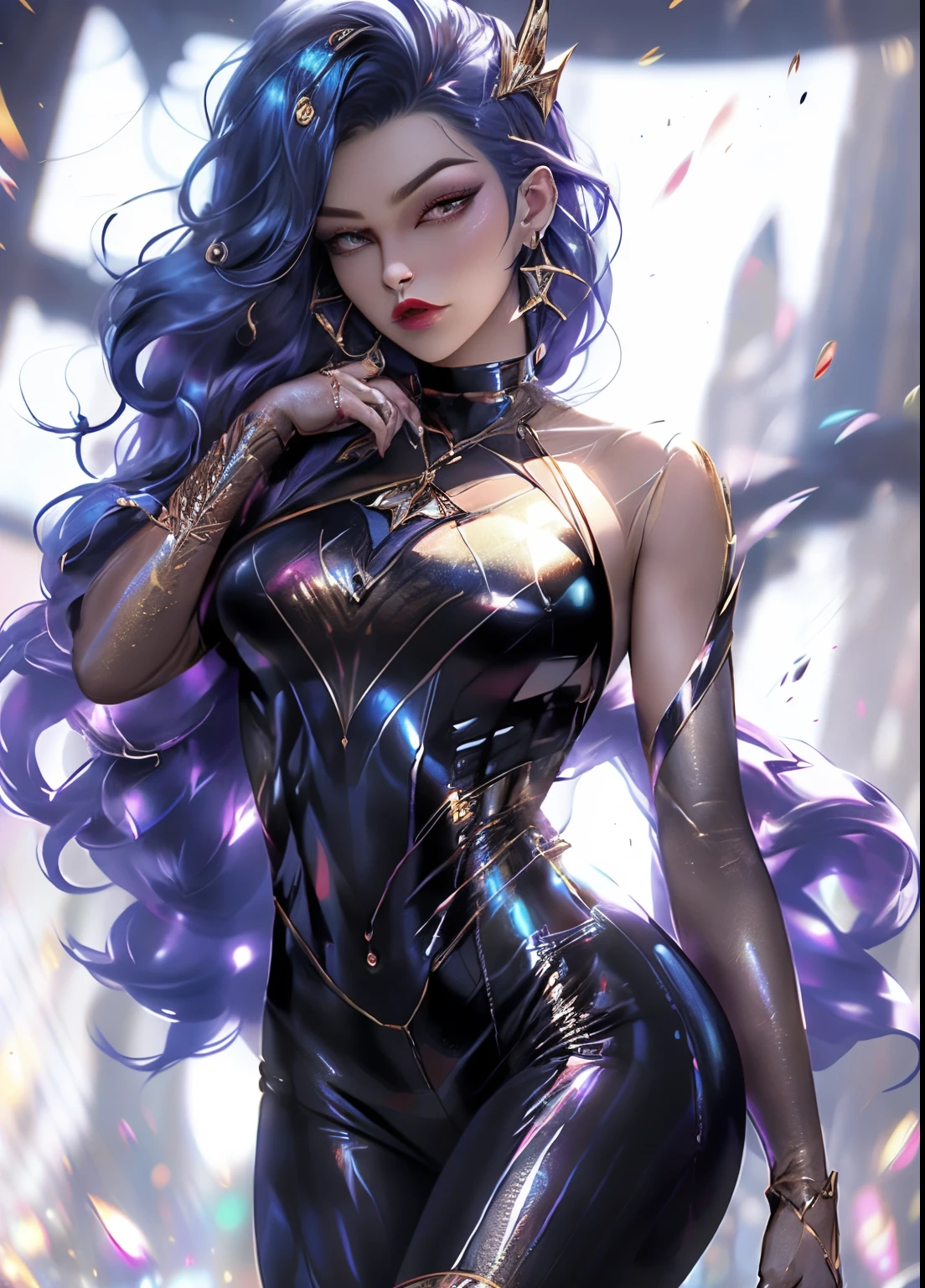 (Masterpiece:1.2), (Best quality:1.2),1 teenage girl，Extremely tender，Most detailed，Young，Blue long hair，curlies，Light smile，brightskin, Bigboobs，Young，Sexy style，No bra，did not wear panties，Silver slip dress，view over city，the night，By bangs, long whitr hair