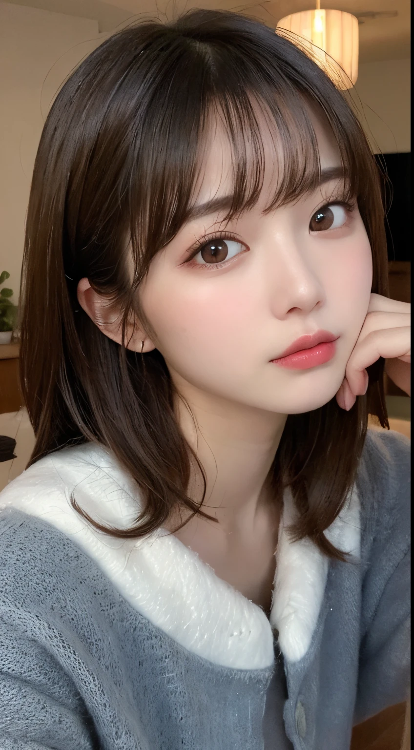 masutepiece, Best Quality, Illustration, Ultra-detailed, finely detail, hight resolution, 8K Wallpaper, Perfect dynamic composition, Beautiful detailed eyes, black fluffy warm winter clothes,Cute hairstyles,small tits,Natural Color Lip, Bold sexy poses,Sad look,living room in luxury house、20 years girl、Cute、Sexy shot looking at camera,Blur the background,Perfect and beautiful face,Take only the face,beautiful and detailed face,Raw photo,slim face and style