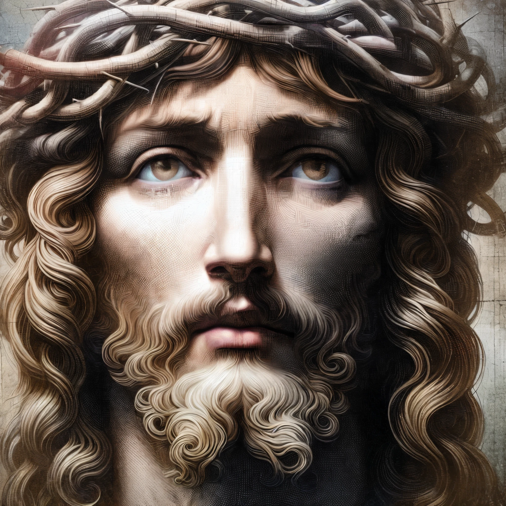 a close up of a statue of jesus with darker skin and brown hair and a crown of thorns on his head, portrait of jesus christ, jesus face, jesus christ, realistic 8k bernini sculpture, renaissance digital painting, hyper realism renaissance art, baroque digital painting, jesus of nazareth, jesus, renato muccillo, crown of thorns, by László Balogh