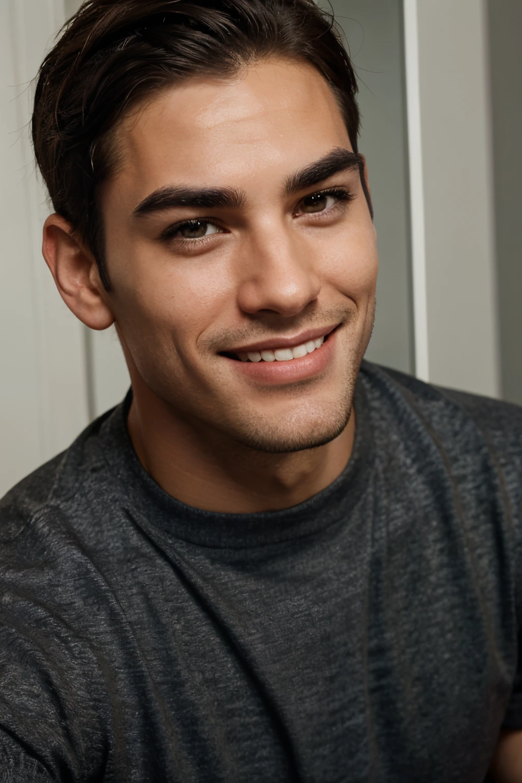 confident man, prominent eyebrows, stong jawline, playful smile, dark hair, hazel eyes