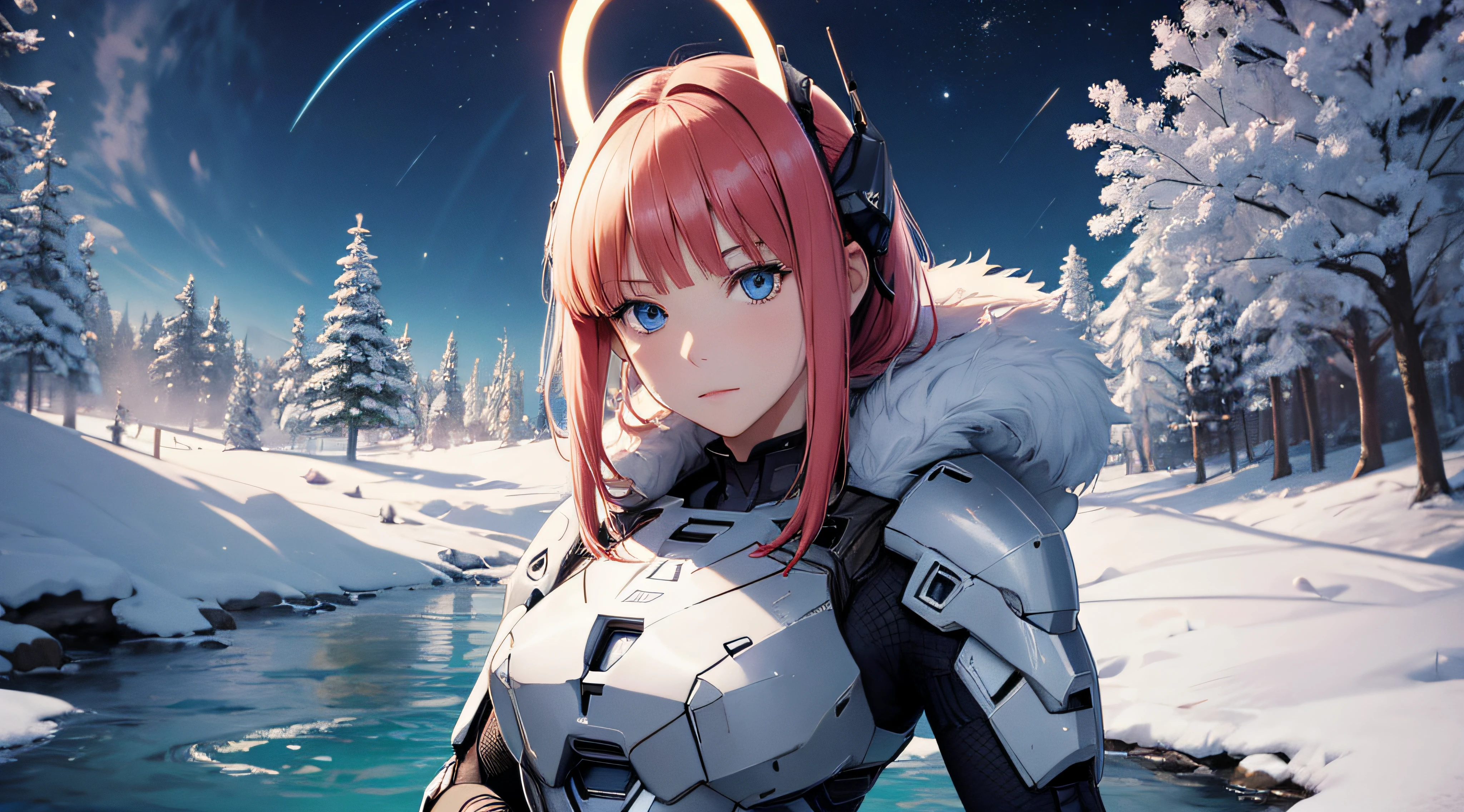 Nino Nakano ,sexy ,armadura de halo infinite,lago nevado noche luz de luna