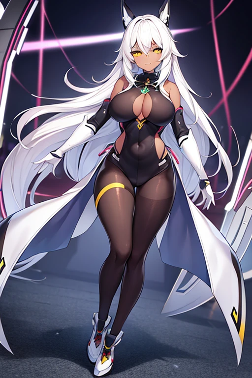 1girl, dark-skinned female, dark skin, white hair, long hair, large breasts, breasts, wide hips, yellow eyes, smile, smirk, smug, bodysuit, black bodysuit, white trim, sleeveless, black pantyhose, pantyhose, white neon trim, neon trim, futuristic, tech, science-fiction, machinery, full body, ((full body)),