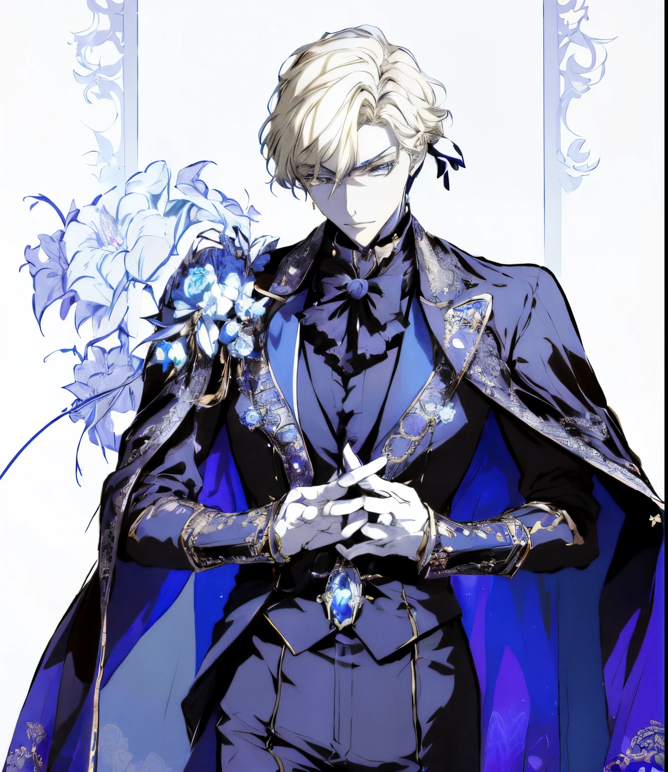 anime - style image of a male in a blue suit and black cape, beautiful androgynous prince, delicate androgynous prince, tall anime guy with blue eyes, shigenori soejima illustration, ((wearing aristocrat robe)), zerochan art, highly detailed exquisite fanart, handsome prince, portrait of magical blond prince, handsome guy in demon slayer art