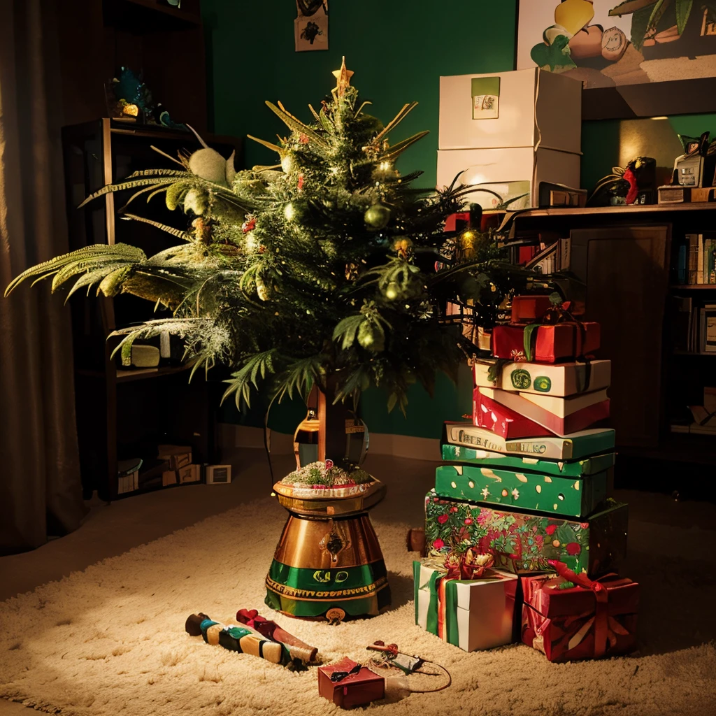 Christmas tree, weed, cannabis, cartoon, funny, color full, smoke, trippy, presents, big bong