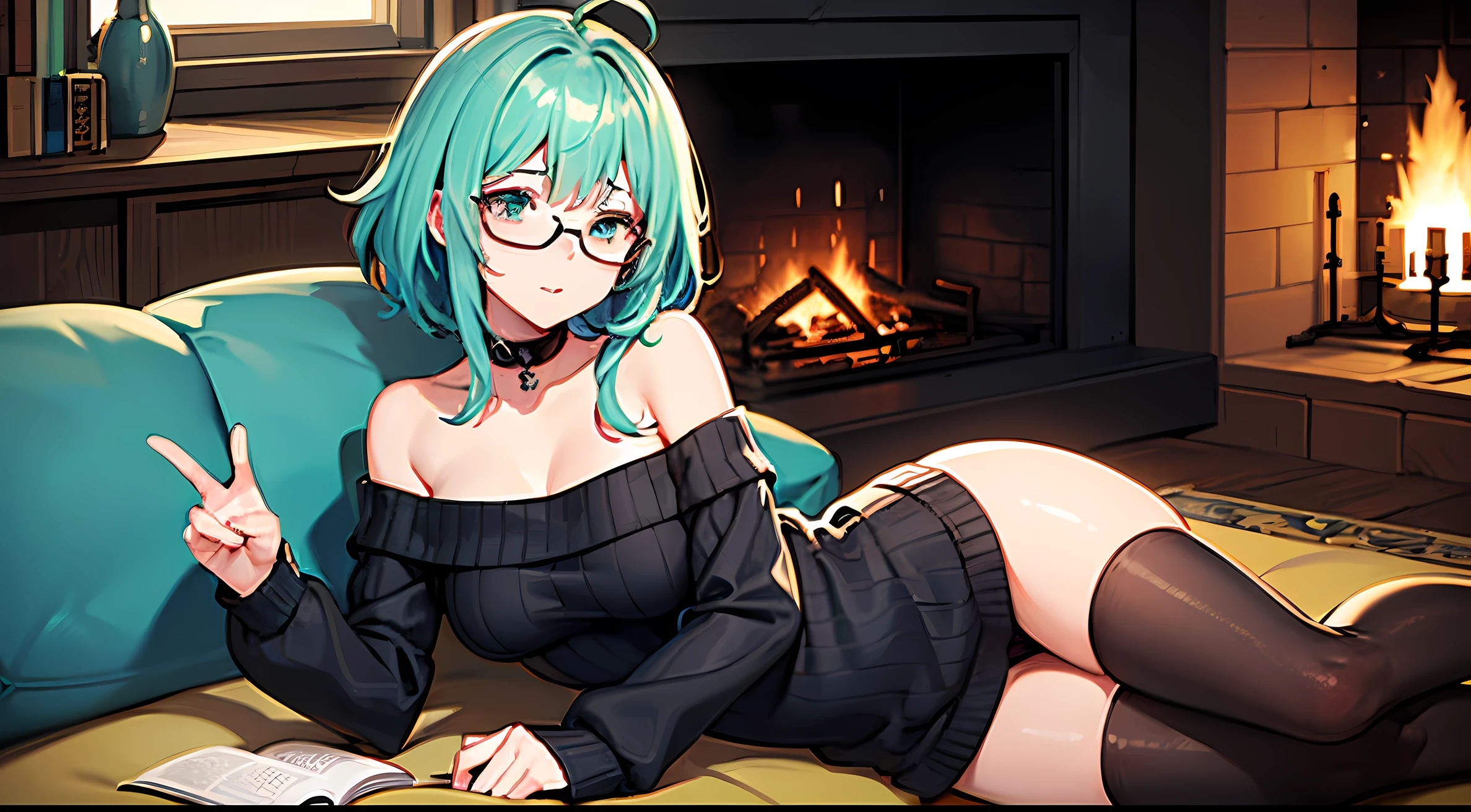 1girl, solo, 53 years old, milf, teal and green hair, messy hair, asymmetrical hair, ahoge, very short hair, aqua eyes, medium breasts, pale skin, glasses, off-shoulder sweater, couch, dim lights, fireplace, thighhighs