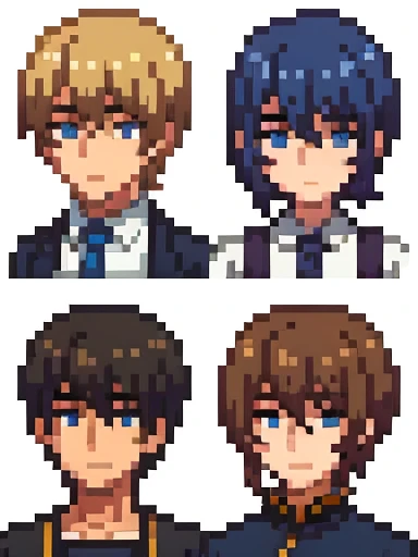 4 personagens homens com estilos de cabelos diferentes e looks diferentes,