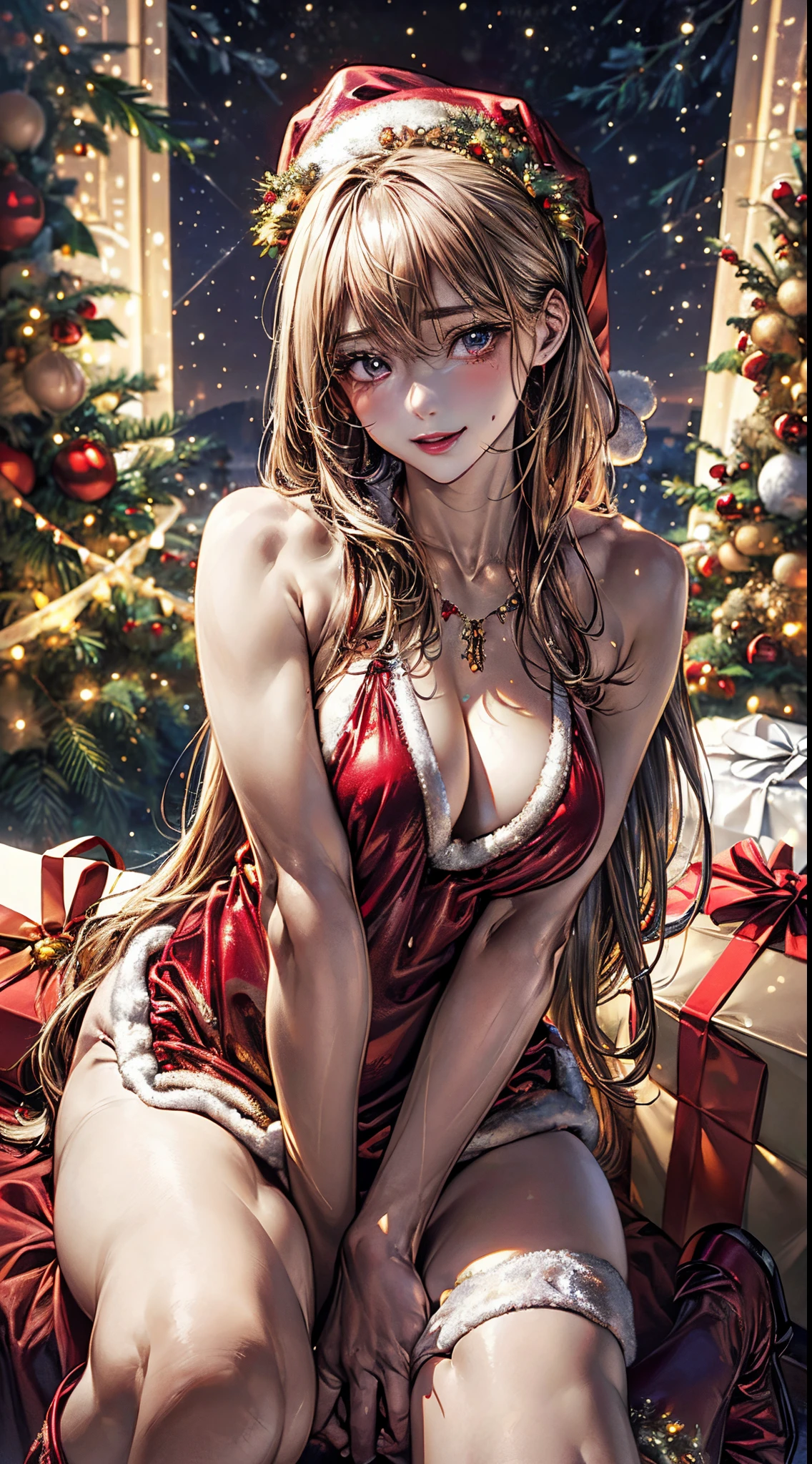 (masterpiece:1.2, top-quality), (realistic, photorealistic:1.4), beautiful illustration, NSFW, looking at viewer, cowboy shot, front view:0.8,
1 girl, japanese, high school girl, beautiful hair, beautiful face, beautiful detailed eyes, (long hair:1.7, side ponytaail:1.5), blond hair, blue eyes, mole under eye,
beautiful clavicle, beautiful body, beautiful chest, large breasts:0.8, beautiful thighs, beautiful legs, beautiful fingers, bare thighs, (thick thighs, large valleys),
(beautiful scenery), christmas night, outdoors, (christmas tree:1.3),
((wearing santa claus costume, symmetrical clothing, metallic red santa claus hat, metallic red santa claus dress, metallic red santa claus boots, bare shoulders), christmas necklace),
(swollen), ((seductive posture:1.2, attractiveness:1.2)),
(erotic, sexy, upper eyes, laugh), shiny skin,
celebration, exquisite details, exciting surprises, shiny ornaments, sparkling tinsel,
anticipation, festive mood, magical ambiance, delightful moment, wonderful memories, christmas magic, extravagant, abundance of presents,
perfect face, cute and symmetrical face, natural side lighting, movie lighting), depth of fields,