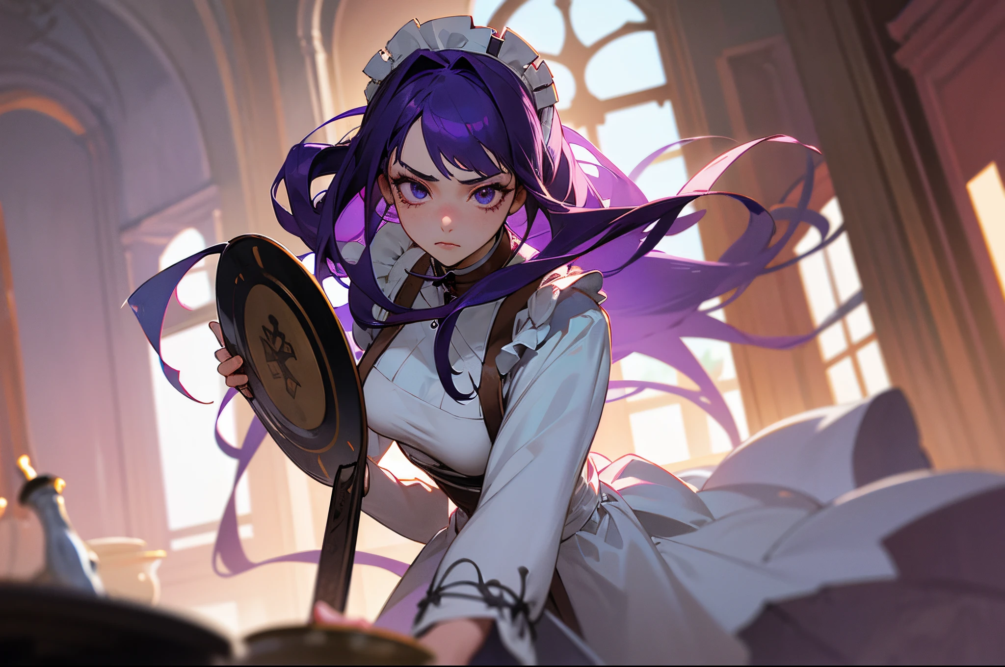 teens girl，deep purple hair，incredulous，Light red eyelack and white maid outfit，incredulous，Inside the palace，Dragging the dinner plate，，crosses，darkly，villain，Breath of death