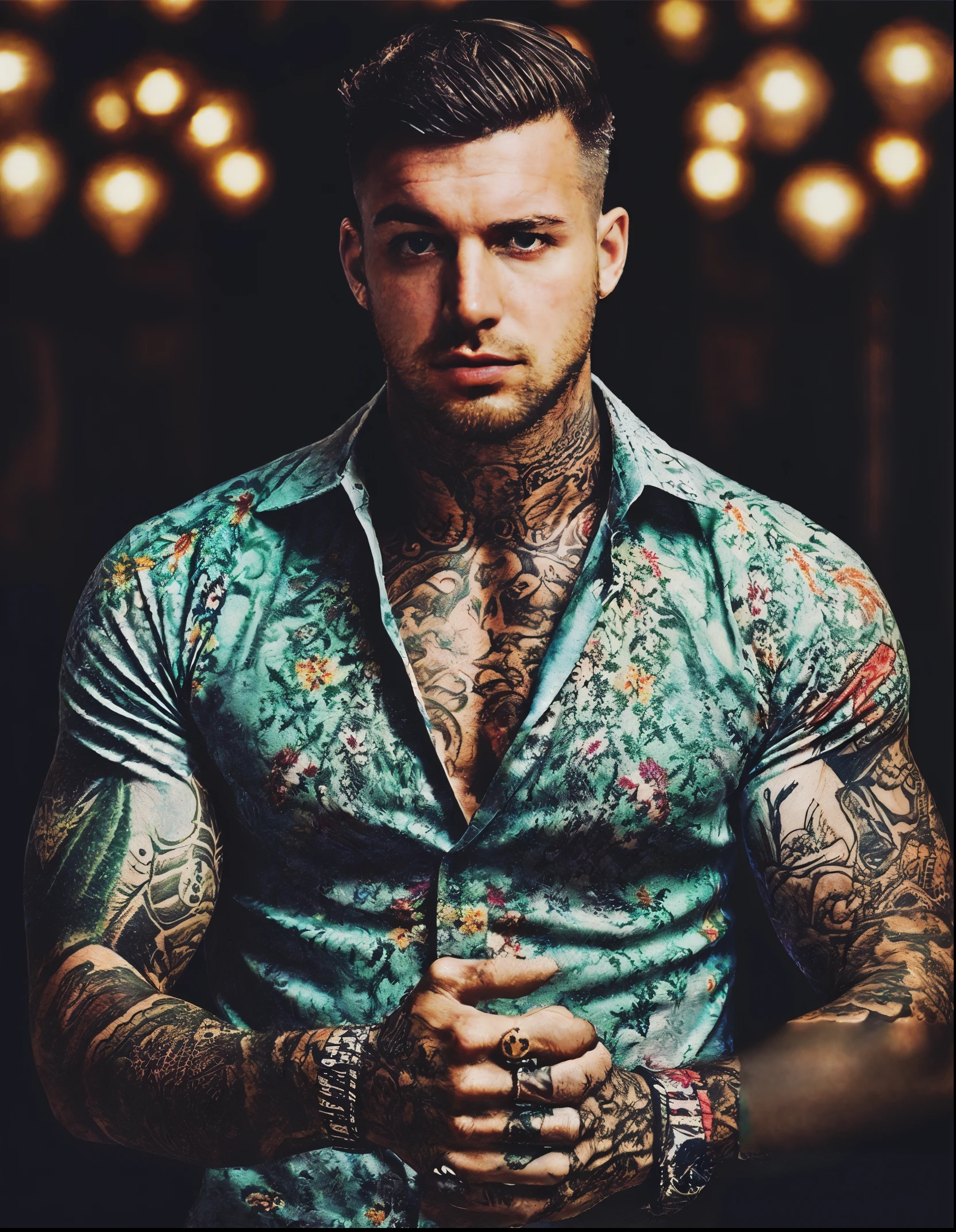 a man with tattoos on his arms and chest wearing a shirt, tattooed man, with tattoos, inked, body covered in floral tattoos, muscular body tattooed, tattooed, style of seb mckinnon, fully tattooed body, tattooed body, handsome male, photograph of a sleeve tattoo, tattoos all over the skin, attractive man, inspired by Menez, tatoos, handsome and attractive