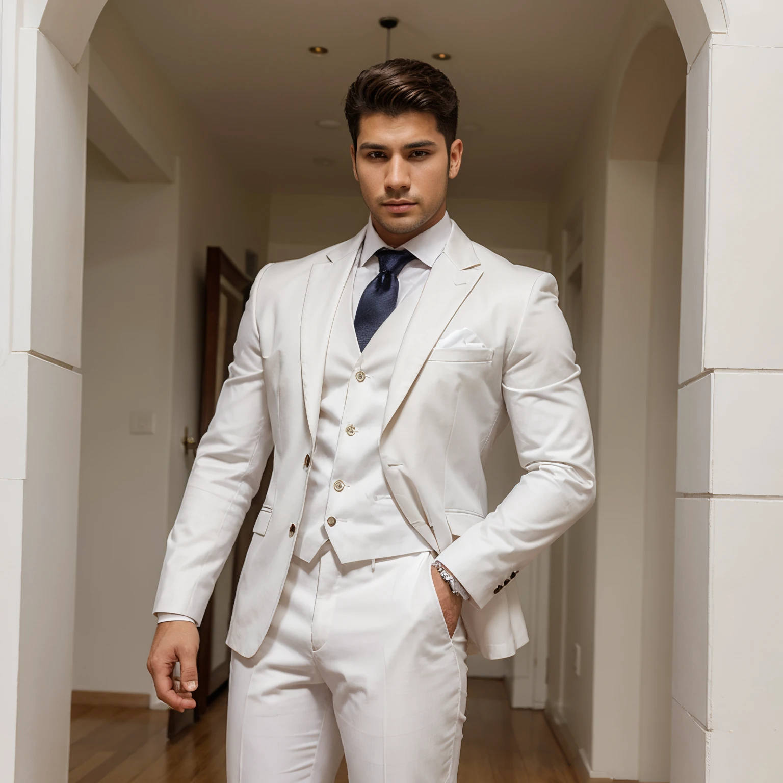 Hombre fuerte con traje blanco