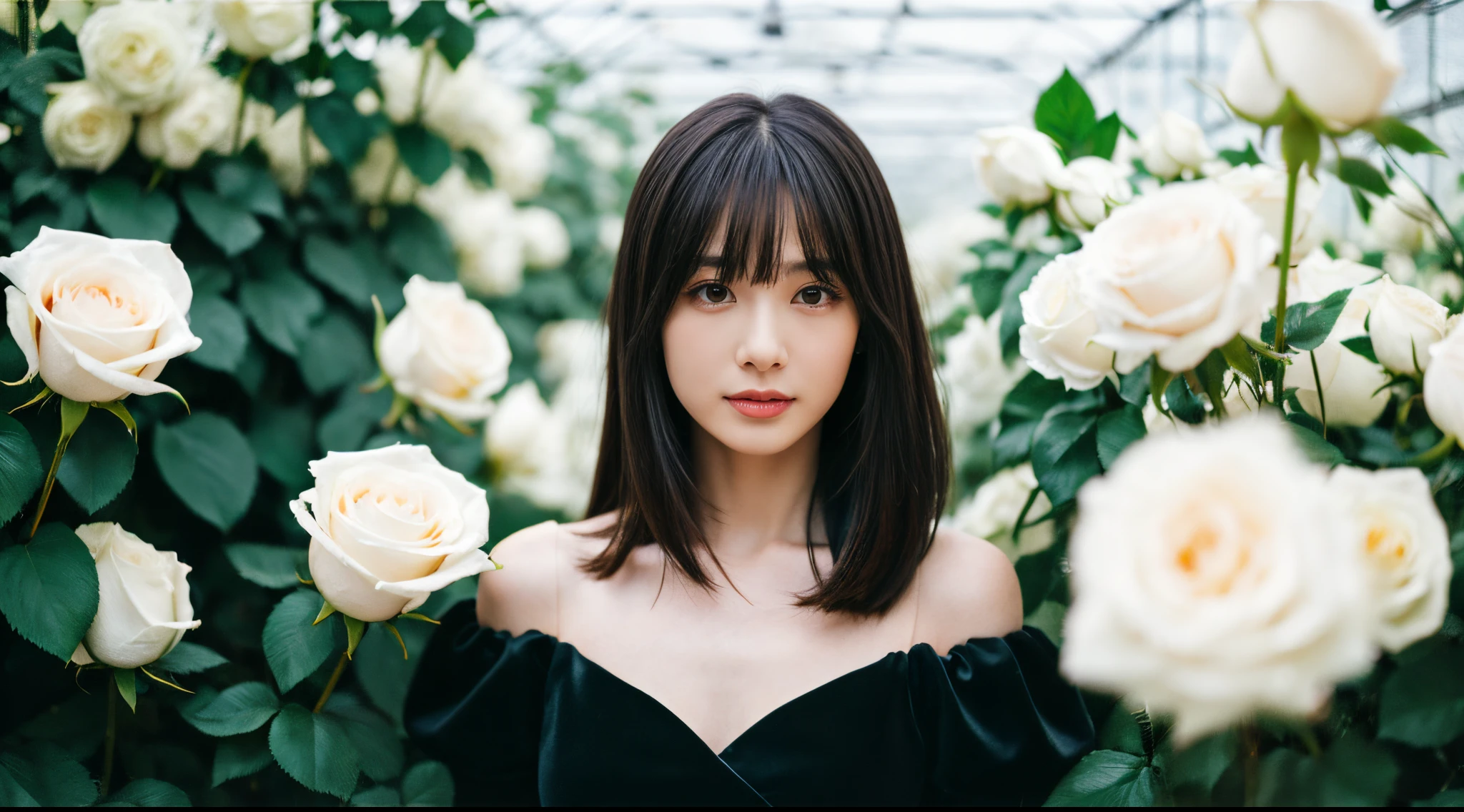(half-body Portrait), Best quality, 8k, 32k, Masterpiece, (Photorealistic: 1.4), RAW photo, ultra realistic, 1girl, Shoulder Length Hair with Bangs, wearing v-neck Black dress, Small chest, Standing in a greenhouse filled with white roses,