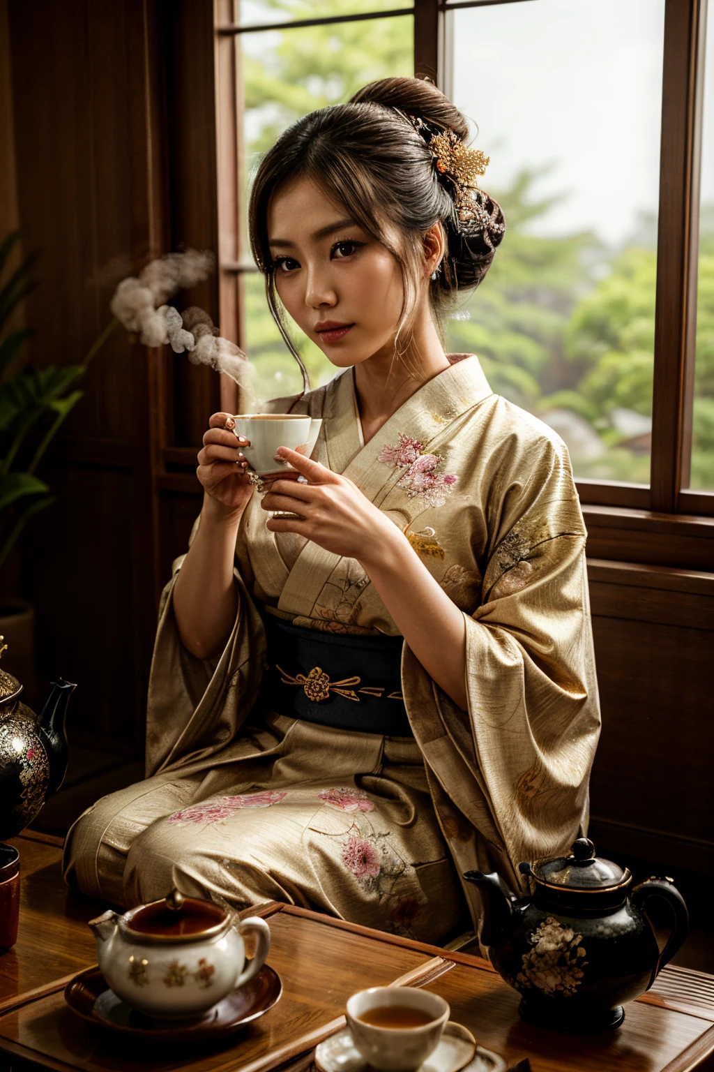(best quality,highres,masterpiece:1.2),ultra-detailed,realistic,beautiful detailed eyes,beautiful detailed lips,extremely detailed face, long eyelashes,gorgeous Asian woman (aged 30),Geisha face makeup,intricate kimono with lots of flower embroidery,kneeling at a table,show all of her,Japanese traditional hairstyle,porcelain skin complexion,graceful posture,multiple layers of kimono fabric,fine lines and patterns on the kimono,subtle shades of red and pink,golden and silver threads,glimmering accessories,delicate hair ornaments,exquisite porcelain teapot,artfully arranged tea cups and saucers,wisps of steam rising from the tea,tranquil and peaceful atmosphere,soft and warm lighting,Ancient Japanese culture,traditional tea ceremony,vibrant colors,meticulous attention to detail