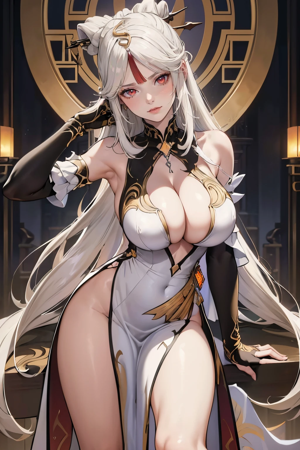 (top quality, masterpiece:1.5, ultra HD), Illustration, beautiful woman, ((ningguang)), long white hair, pale white skin, (crystal red eyes), (detailed eyes), ((symmetrical eyes)), glossy lips, slim waist, curvy body, ((plunging neckline)), collarbone,  ((exposed cleavage)), ((plunging neckline)), ((beautiful big breasts:1.4)), (pov thighs), tight clothing, (luxurious  slit dress), (waist high slit), ((seductive pose)), luxurious castle background, ultra-detailed, blurry background, highly focused, HD, 8k, (highres:1.5), (((detailed face))), ((detailed fingers)), (beautiful fingers), (symmetrical eyes), ((detailed eyes))