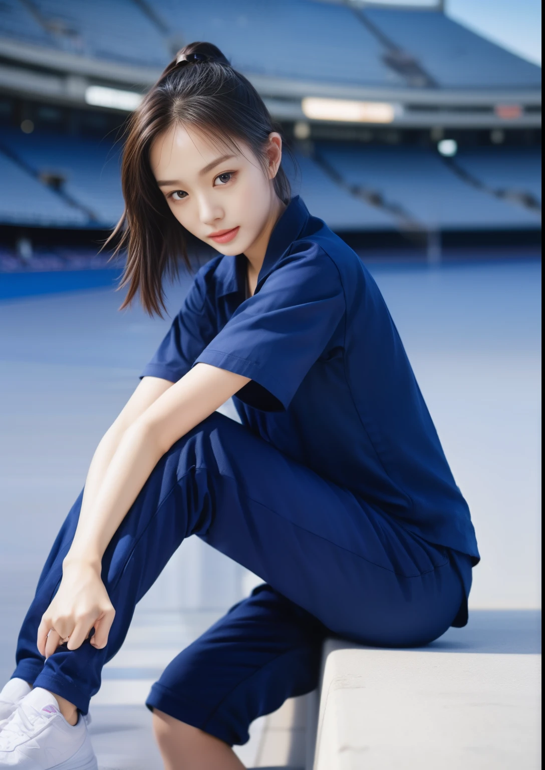 (bestquality,10,10,highres,masterpiece:1.2),ultra-detail,(Realistic,photorealistic portrait,photo-realistic:1.37),1 cute girl sitting on the football field,oily shiny skin,bara,light smile,BDclothelue shirt:1.3)),short sleeves,shirt, trousers.,(navy_long_Pants Track:1.1), ((Stadium Background:1.3)),dynamic angle,excited,face focus,Dynamic Poses,from behide,Ass Focus,masterpiece, bestquality, ultra realistic, hyper-detail, 8k resolution, RAW photo, crisp focus, ((Navy blue shirt:1.1)), short sleeves, Long Path, Perfect body, 2 mature women, 18yo, cinematic light,Blue sweatpants,Gymware,Correct ???????,Complete body, Correct body, sharp face, Anatomically correct body, full entire body, Realistic gestures, long-haired, Realistic poses,Wear long shorts.........................,Long leg span,Shapely,Sculpting Girl, Slender Figure, mannequin mannequins, Shapely, Beautiful body,Blue sweatpants