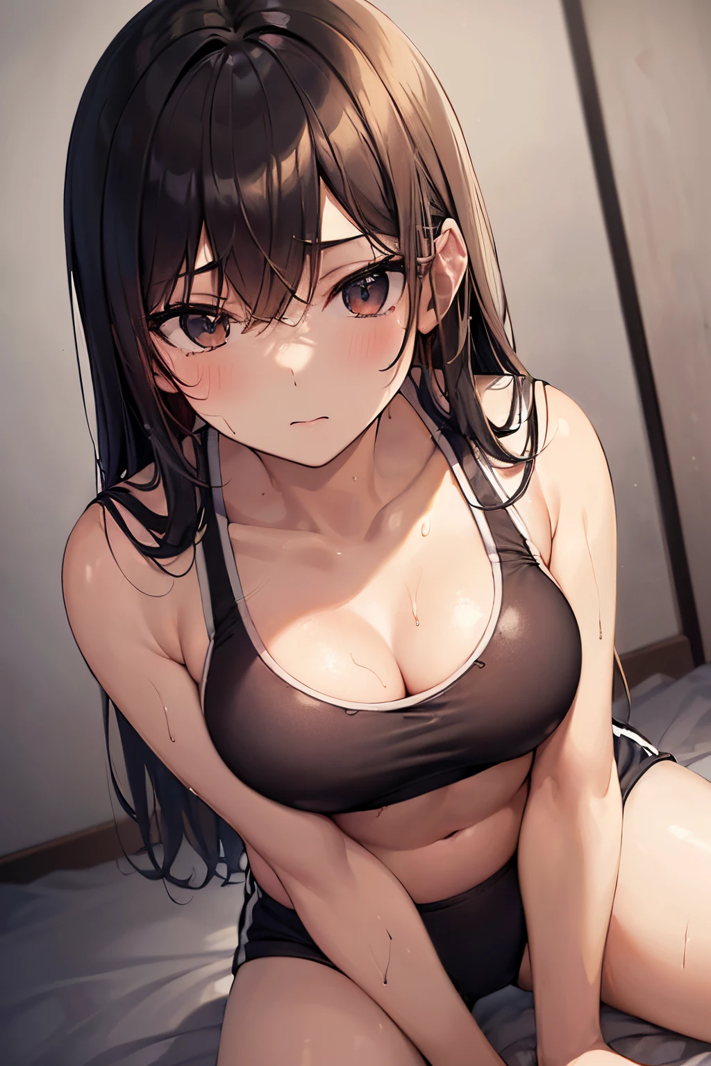 bed, bed room, (Sit on the bed), (((((night))))), (((((darkened room))))), agers girl, one girl, thighs, (swet), (wet skin), (wet clothes), ((erotic)), ((sensual)), (Wall in background), (simple background), (Close-up of a girl), beautiful detailed body, beautiful detailed glow, cinematic lighting, 4K illustration, masterpiece, best quality, by top artist, by famous artist, by plo artist, (((expressionless))), ((((Sports uniform)))), (((Sports-bra and Sports-bloomer))), (((formal Sports bra))), (((formal Sports bloomer))), ((Authentic shiny skin texture)), ((Soaked skin)), ((radiant skin)), (((gravure pose))), (((kneeling))), ((long hair)),