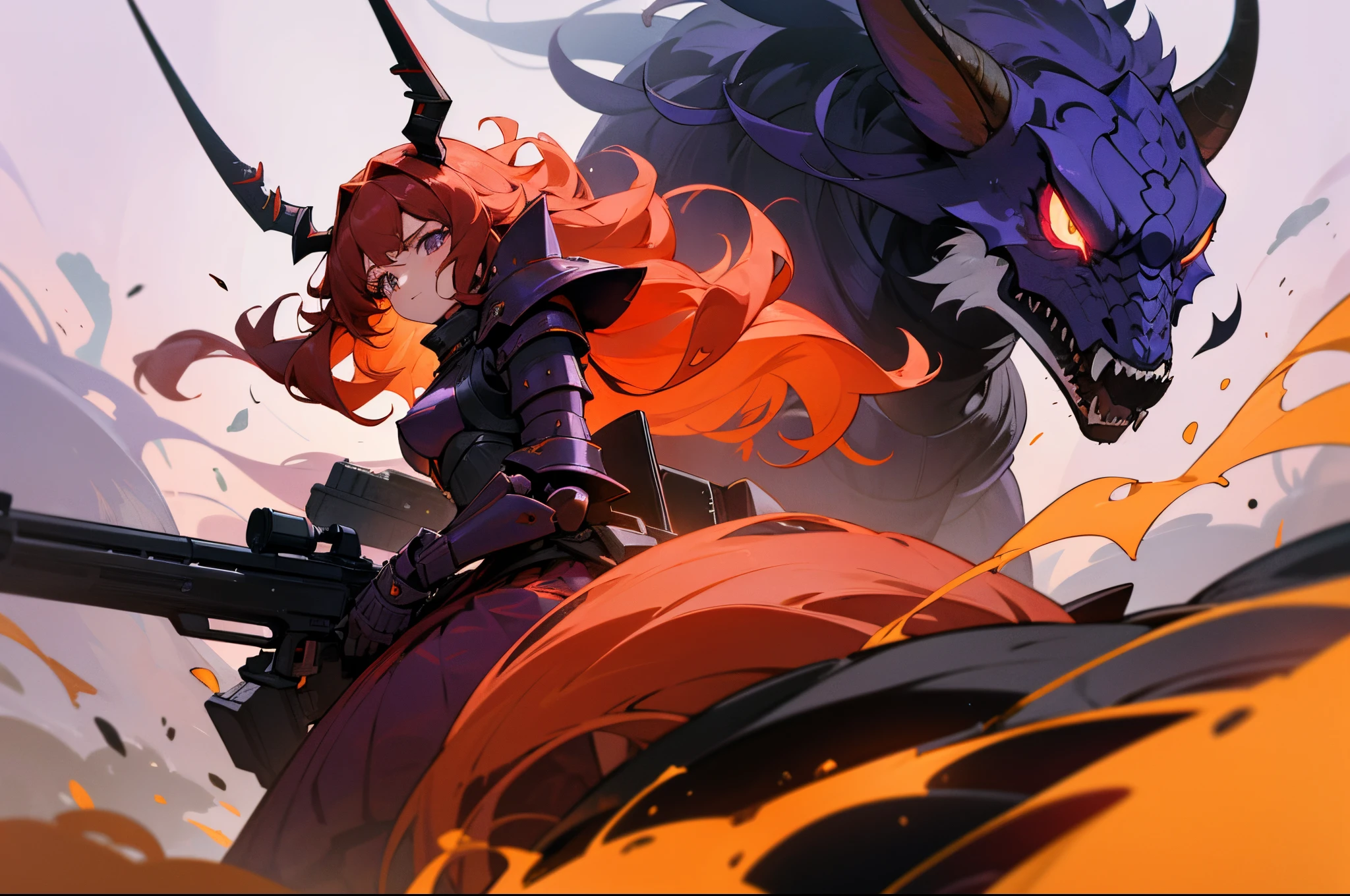 teens girl，increduloulack curly hair，long whitr hair，red color eyereath of death，raging fire，Futuristic antelope hornechs，long  skirt，Purple-gold armor，Long Gun