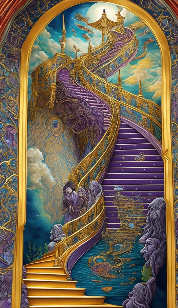 **Erstellen Sie eine fesselnde Illustration mit Treppen zum Himmel im faszinierenden Tarot-Stil. Die Treppe, Made from ethereal and luminous, mit Juwelen besetzten Materialien, Steigen Sie anmutig in den Himmel bis in die Unendlichkeit auf, symbolizes a spiritual journey to enlightenment and higher wisdom. The staircase is decorated with elaborate tarot iconography, himmlische Motive, und kunstvolle Muster, which give the piece a sense of divine mystery and spiritual connection. Stark handkoloriert. Die Umgebung ist voller jenseitiger Landschaften, dreamy clouds, und strahlende Lichtstrahlen, die die Transzendenz des Aufstiegs betonen. The color palette consists of many jewel tones and rich hues, und schimmernde metallische Gold-Highlights, verleiht der Komposition Tiefe und Reiz. The overall atmosphere of the illustration is impressive, complex and meticulously decorated beauty and mystical revelation, invites the viewer, to embark on your own personal journey to self-discovery and spiritual development – s 1000 – q 5 – ar 10:17 – Verse 5