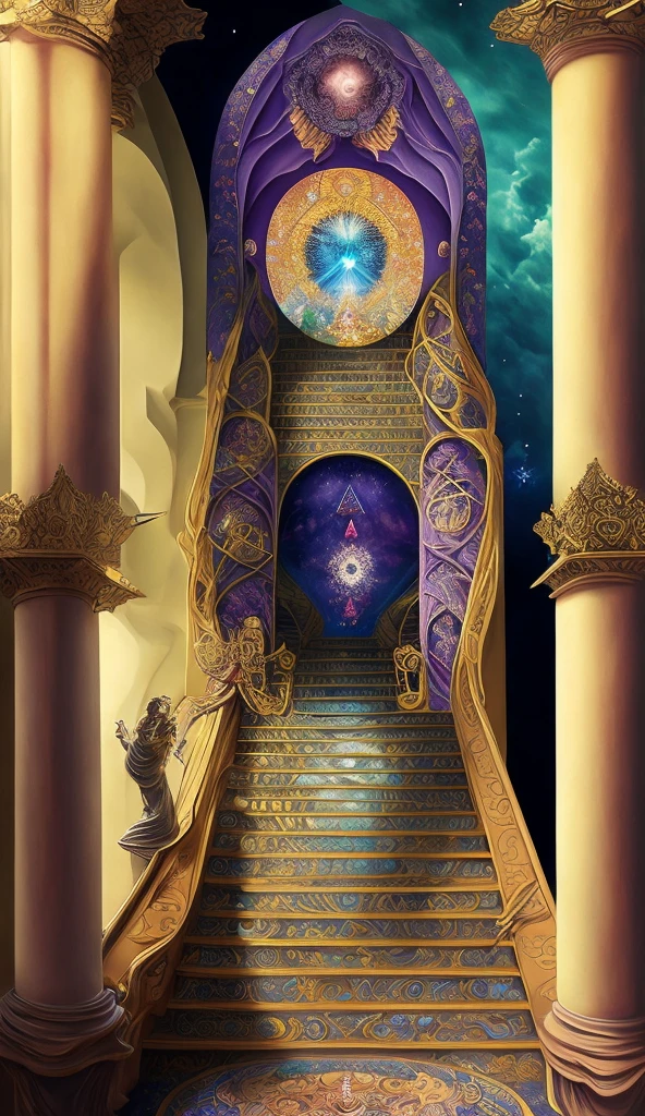 **Erstellen Sie eine fesselnde Illustration mit Treppen zum Himmel im faszinierenden Tarot-Stil. Die Treppe, Made from ethereal and luminous, mit Juwelen besetzten Materialien, Steigen Sie anmutig in den Himmel bis in die Unendlichkeit auf, symbolizes a spiritual journey to enlightenment and higher wisdom. The staircase is decorated with elaborate tarot iconography, himmlische Motive, und kunstvolle Muster, which give the piece a sense of divine mystery and spiritual connection. Stark handkoloriert. Die Umgebung ist voller jenseitiger Landschaften, dreamy clouds, und strahlende Lichtstrahlen, die die Transzendenz des Aufstiegs betonen. The color palette consists of many jewel tones and rich hues, und schimmernde metallische Gold-Highlights, verleiht der Komposition Tiefe und Reiz. The overall atmosphere of the illustration is impressive, complex and meticulously decorated beauty and mystical revelation, invites the viewer, to embark on your own personal journey to self-discovery and spiritual development – s 1000 – q 5 – ar 10:17 – Verse 5
