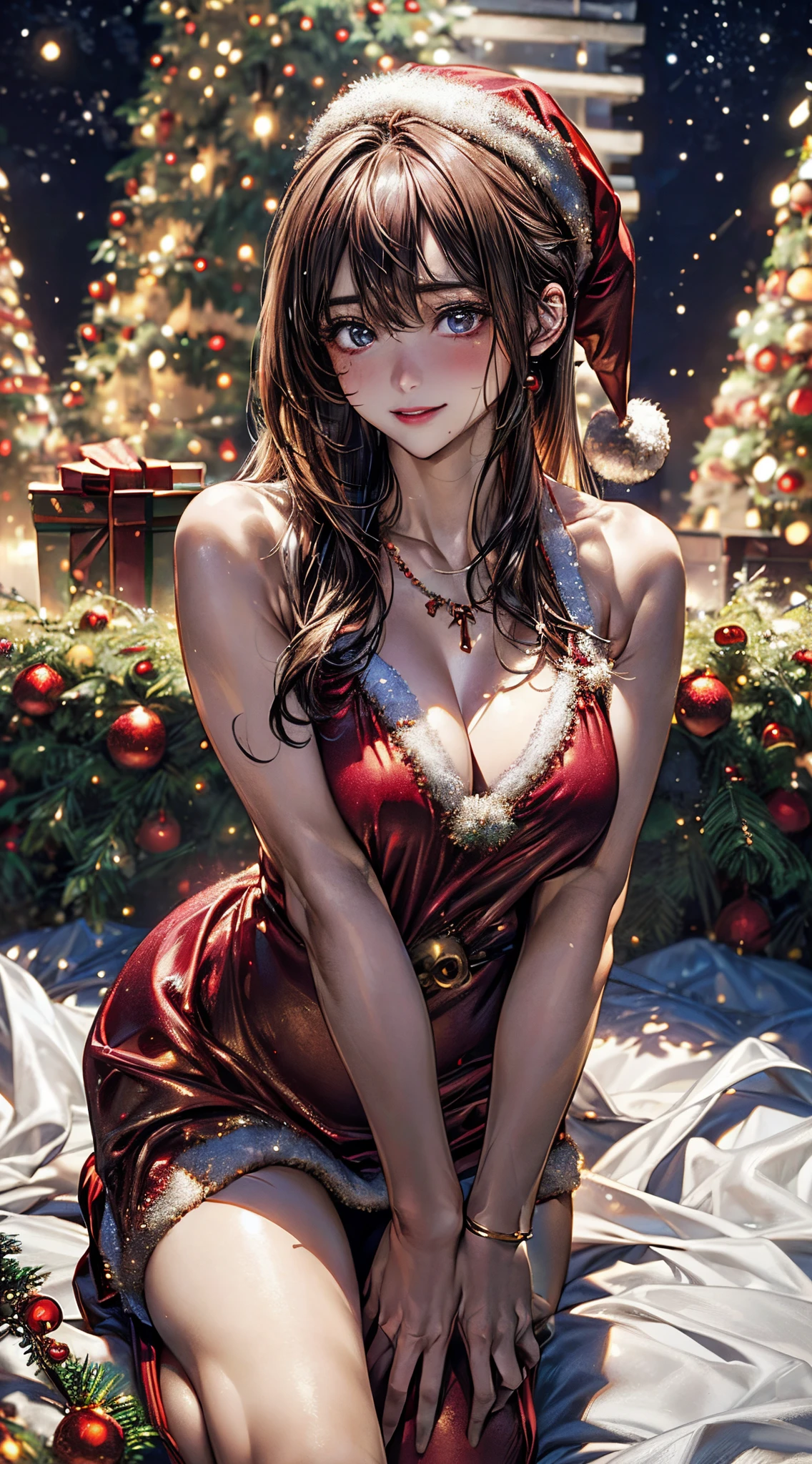 (masterpiece:1.2, top-quality), (realistic, photorealistic:1.4), beautiful illustration, NSFW, looking at viewer, cowboy shot, front view:0.8,
1 girl, japanese, high school girl, beautiful hair, beautiful face, beautiful detailed eyes, (long hair:1.7, side ponytaail:1.5), blond hair, blue eyes, mole under eye,
beautiful clavicle, beautiful body, beautiful chest, large breasts:0.8, beautiful thighs, beautiful legs, beautiful fingers, bare thighs, (thick thighs, large valleys),
(beautiful scenery), christmas night, outdoors, (christmas tree:1.3),
((wearing santa claus costume, symmetrical clothing, metallic red santa claus hat, metallic red santa claus dress, metallic red santa claus boots, bare shoulders), christmas necklace),
(swollen), ((seductive posture:1.2, attractiveness:1.2)),
(erotic, sexy, upper eyes, laugh), shiny skin,
celebration, exquisite details, exciting surprises, shiny ornaments, sparkling tinsel,
anticipation, festive mood, magical ambiance, delightful moment, wonderful memories, christmas magic, extravagant, abundance of presents,
perfect face, cute and symmetrical face, natural side lighting, movie lighting), depth of fields,